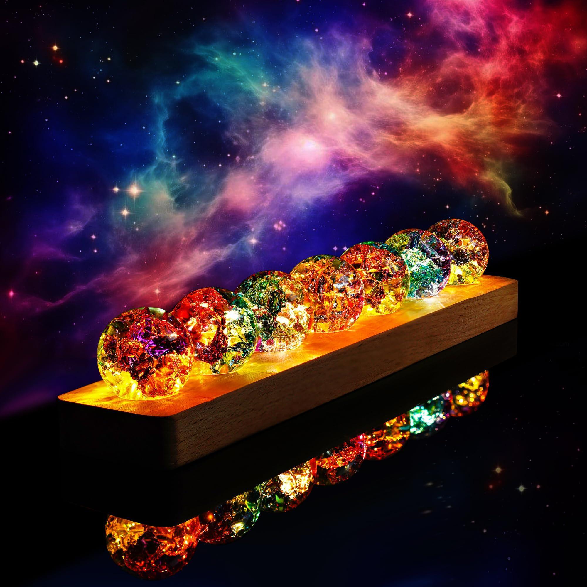7 Chakra Natural Healing Spheres with LED Wooden Stand 40mm Crystal Quartz Stones for Meditation Positive Energy Night Light Decoration - Unique Gift Market