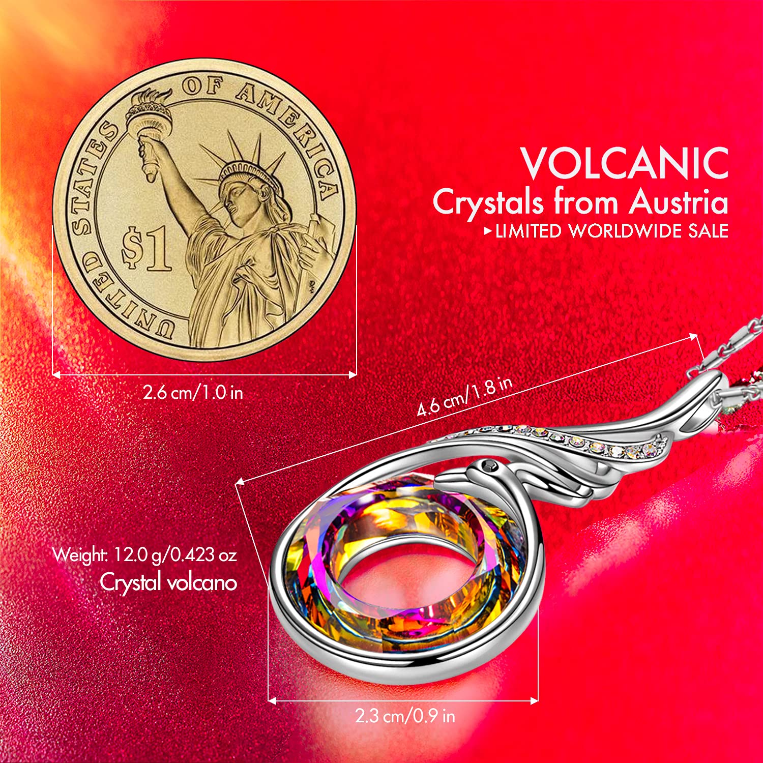 Kate Lynn "Rise From the Ashes Phoenix Necklace Made with Crystals from Austria, 18"+2" Necklace, Packaged with Jewelry Box, Birthday Gift for Women, Symbol of Luck and Renewal