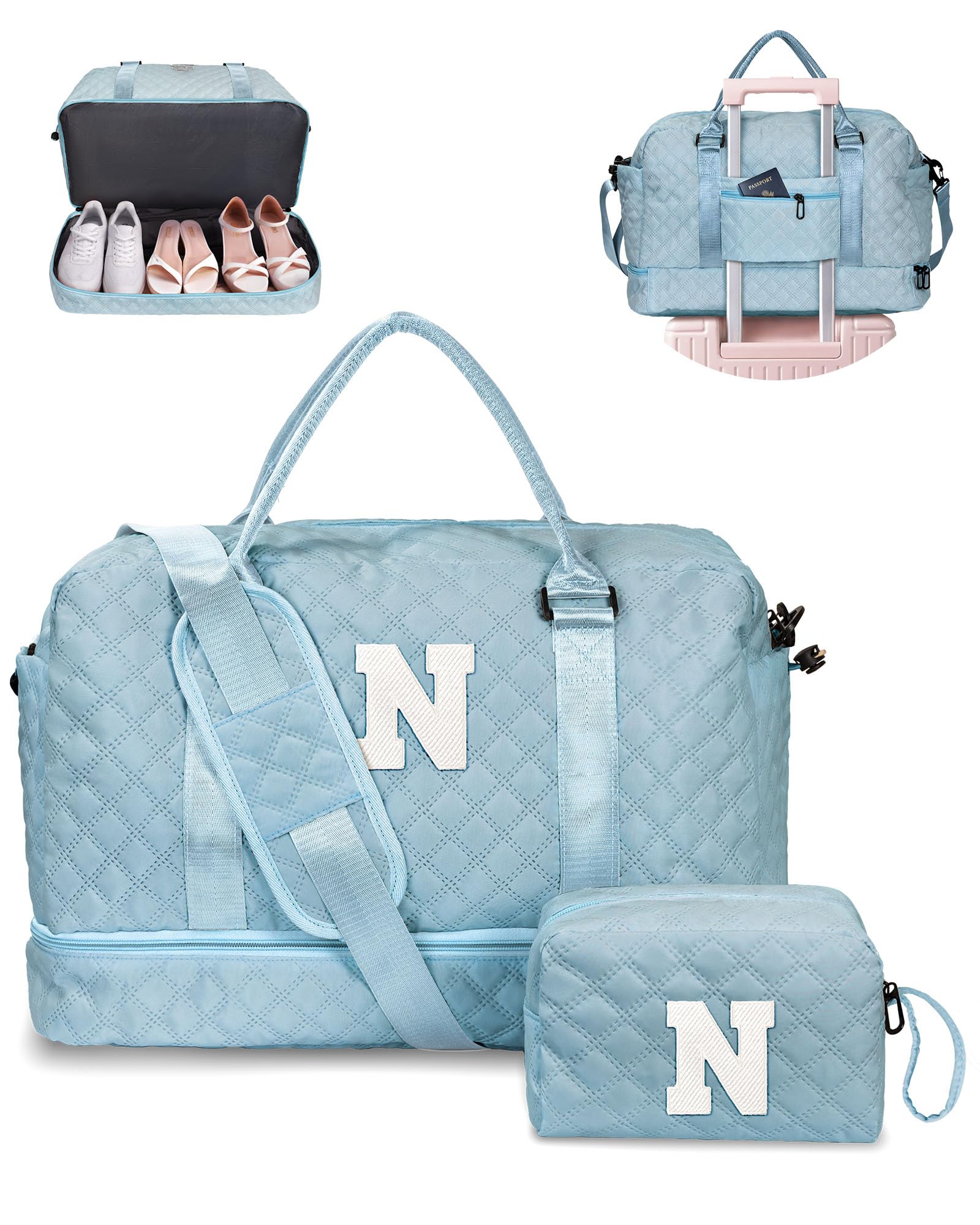 Birthday Gift-Initial Duffle Bag with Shoe Compartment, Personalized Weekender Bag, Monogram Overnight Bag for Women with Trolley Sleeve & Wet Pocket, Travel Bag with Makeup Bag (Letter K)