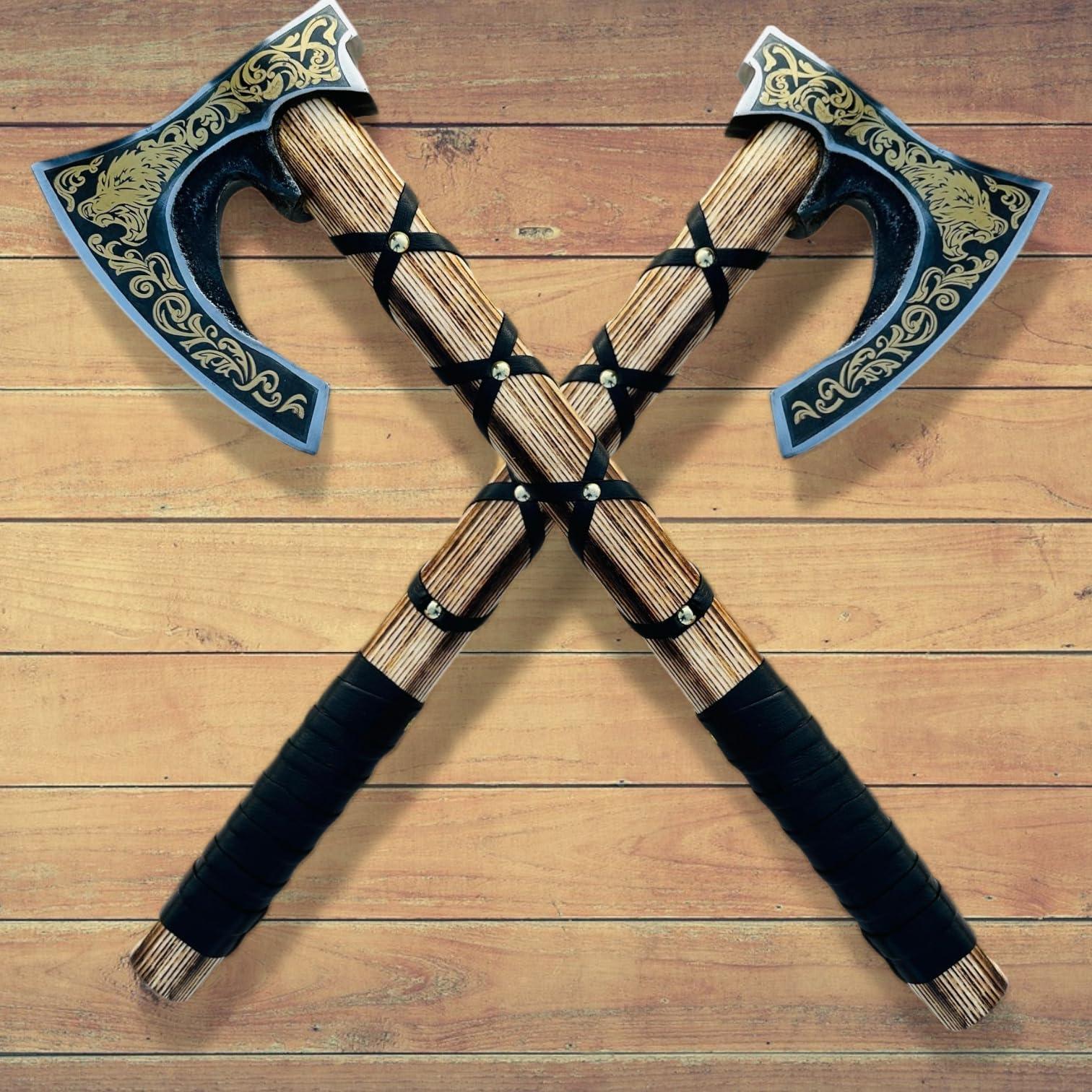 Poshland AX-7001 Custom Gift Forged Carbon Steel Viking Axe with Rose Wood Shaft, Double Edge Axe - Unique Gift Market