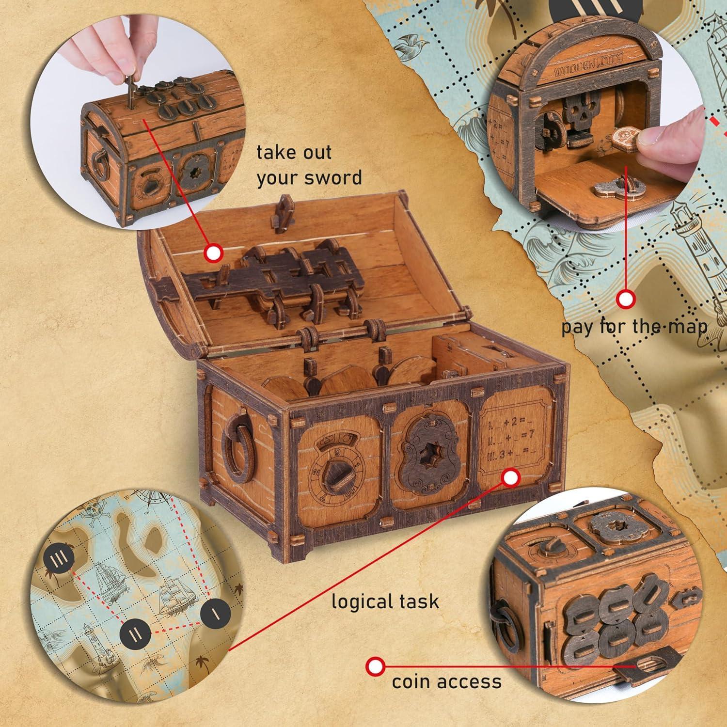 WOODEN.CITY Treasure Chest Puzzle Box for Adults – 3D Wooden Puzzles Mystery Box Brain Teaser & Escape Room Game with Secret Opening (165 Pieces, Gift Idea) - Unique Gift Market