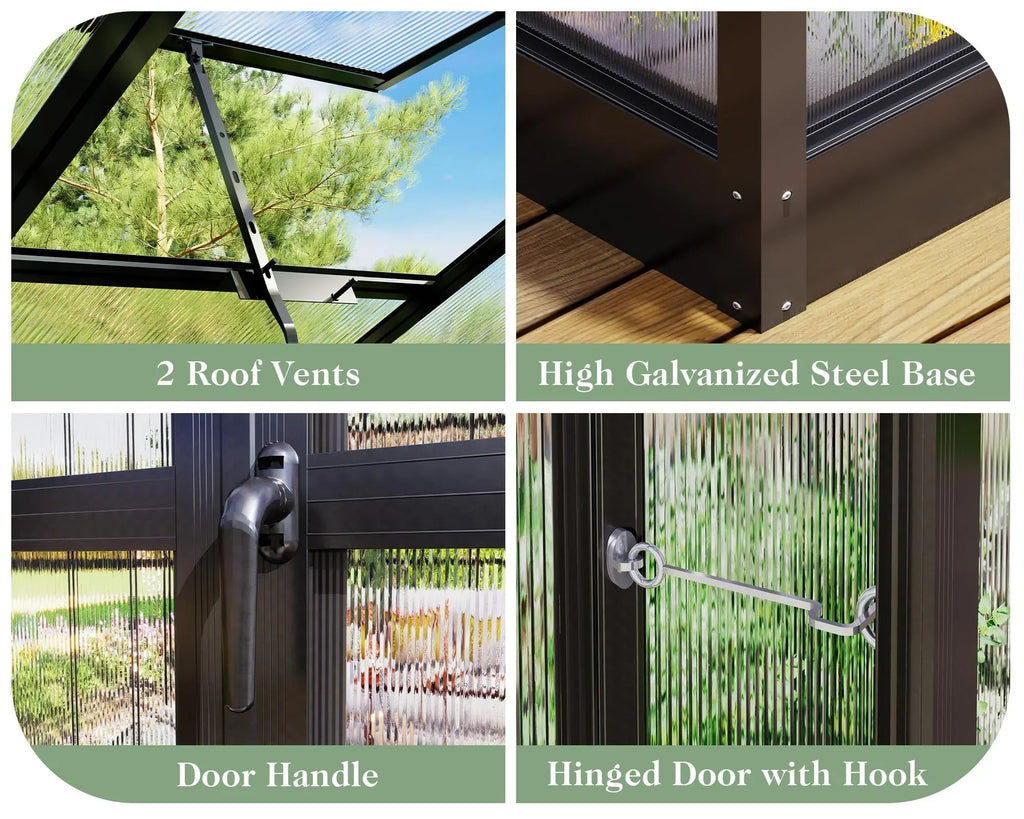 Jocisland 8x12x7.5 FT Greenhouse - Outdoor Aluminum Polycarbonate Greenhouse with Ventilation and Rain Gutter, 4 Swing Doors with Hook, Walk in Greenhouse for Outdoors Backyard Garden, Black - Unique Gift Market