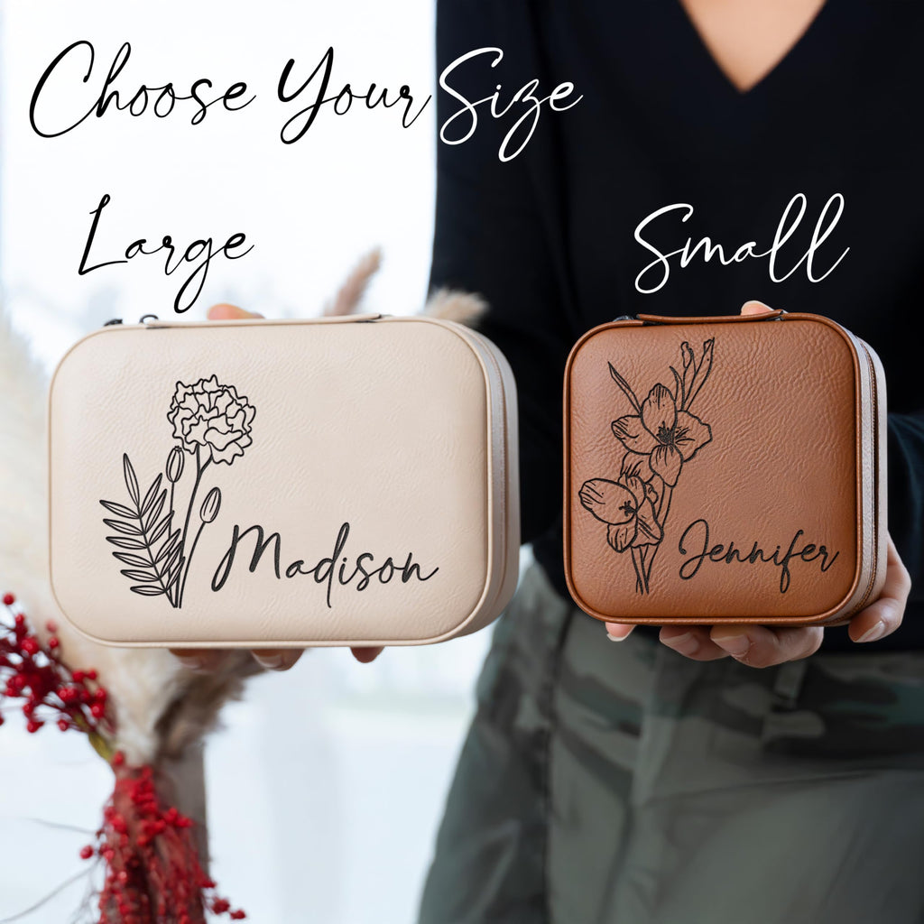 Custom Leather Jewelry Box w/Name & Birth Flower Month - Birthday Gifts for Women, Personalized Jewelry Travel Case - Customized Jewelry Organizer Box, Mom Birthday Gifts - Rustic