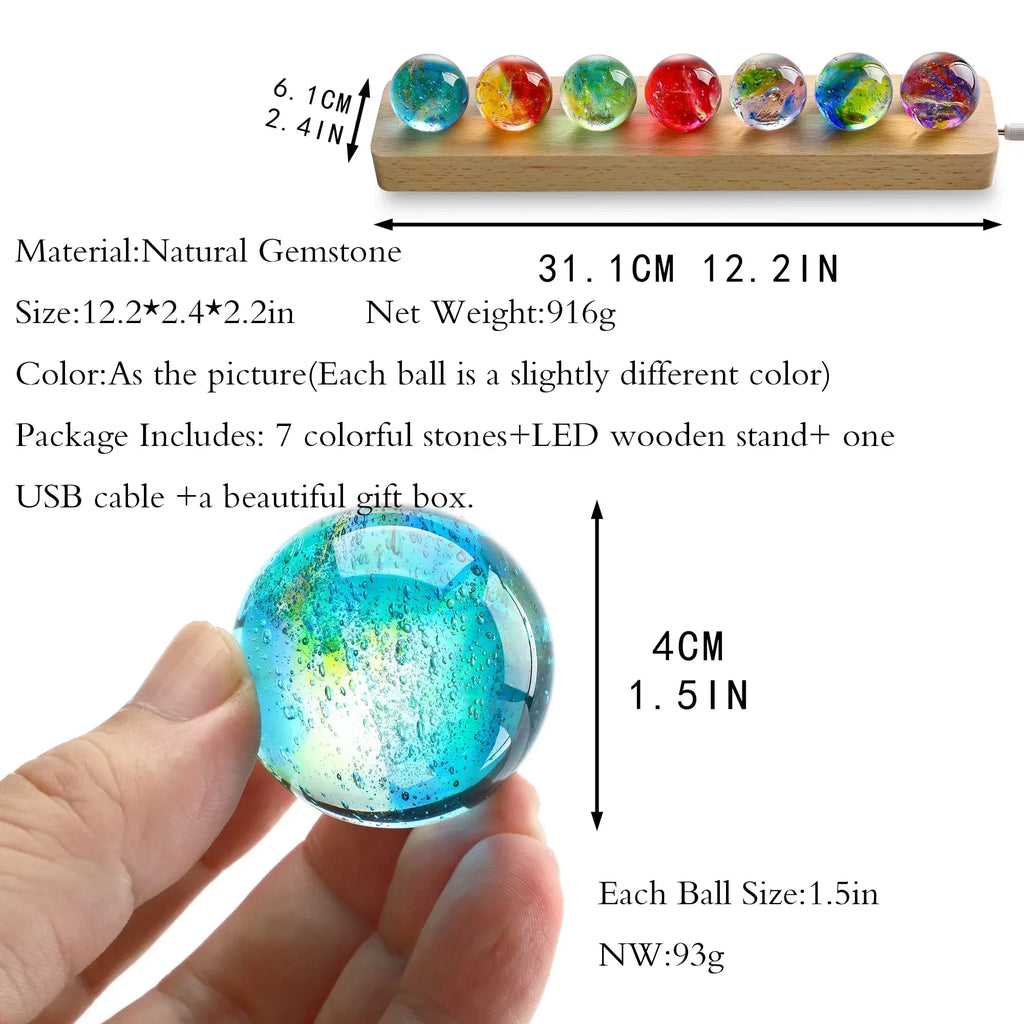 7 Chakra Natural Healing Spheres with LED Wooden Stand 40mm Crystal Quartz Stones for Meditation Positive Energy Night Light Decoration - Unique Gift Market