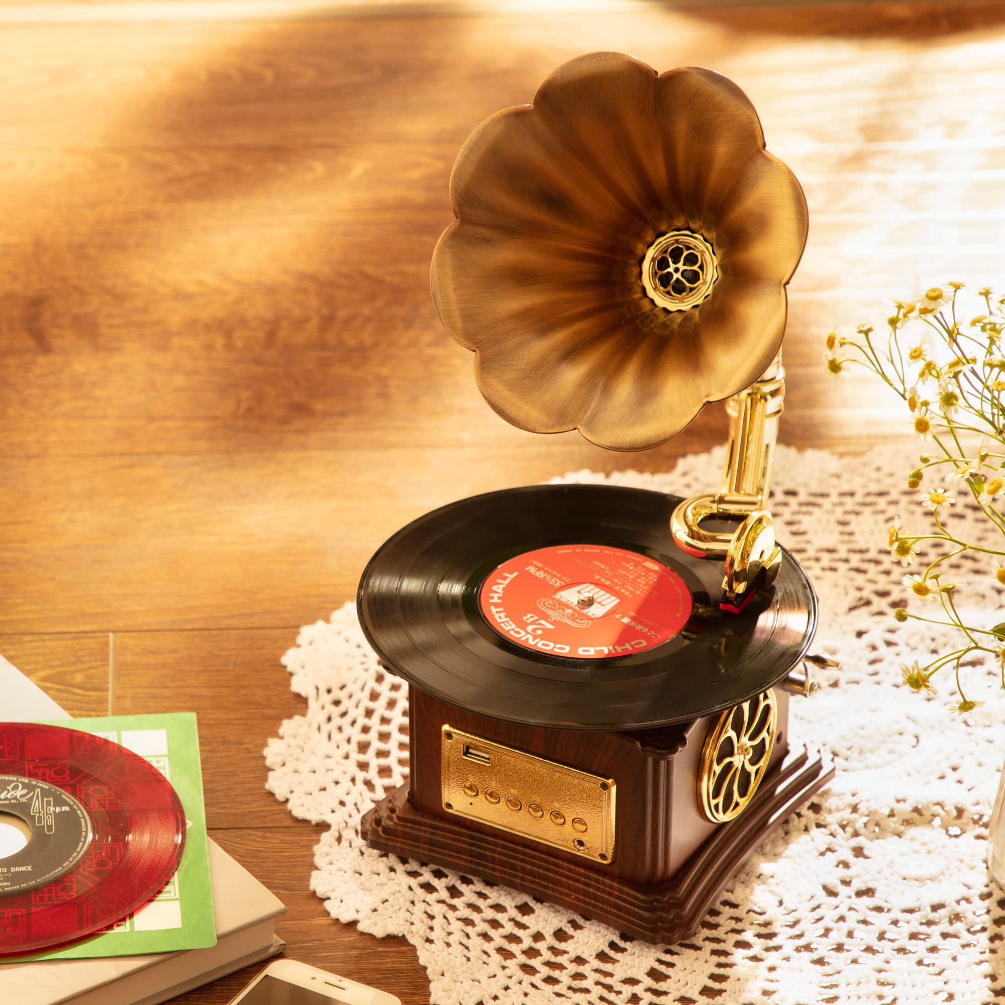 Mini Gramophone Vintage Copper Horn Record Player with Bluetooth, USB, AUX, FM Radio and Built-in Speakers for Gift Home Decor