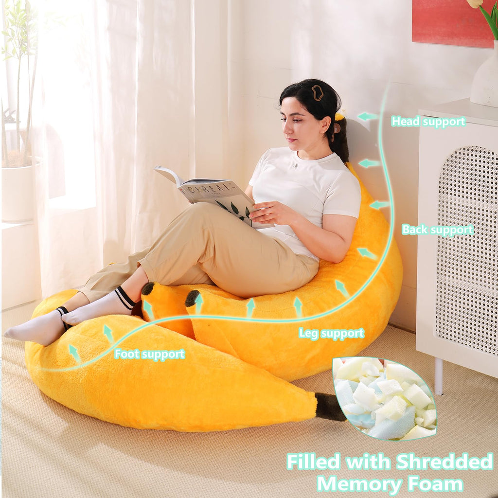 Banana Bean Bag Chair with Ottoman, Floor Sofa Bed with Footrest, Comfy Convertible Lounger for Teens & Adults, Plush Couch for Bedroom, Living Room or Dorm, M-Yellow