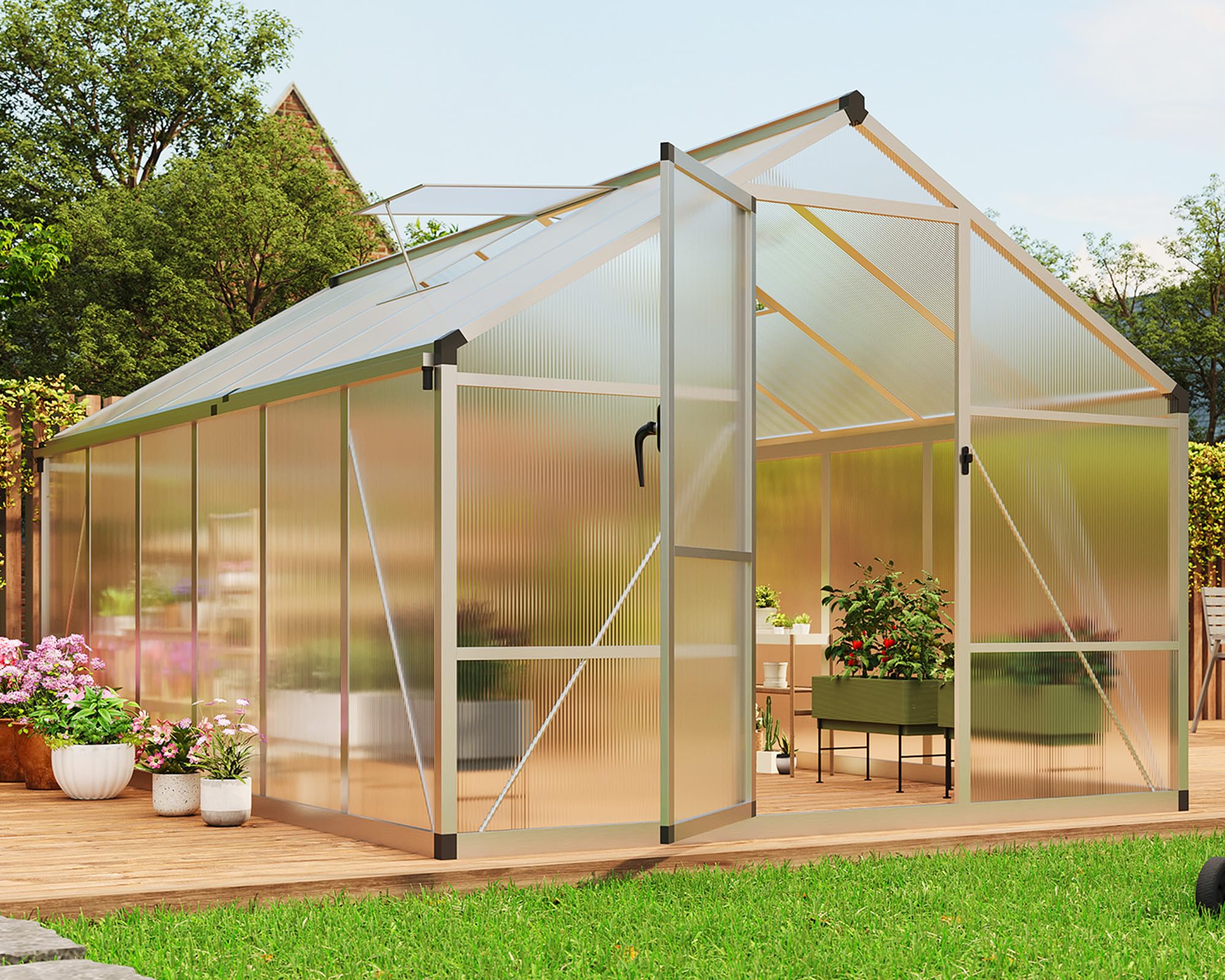 8×10 FT Greenhouse, Large Walk in Greenhouses for Outdoors and Garden Planting, Polycarbonate Greenhouse with Enhanced Aluminum Frame, Green Houses with Quick Setup Structure and Roof Vent, Green