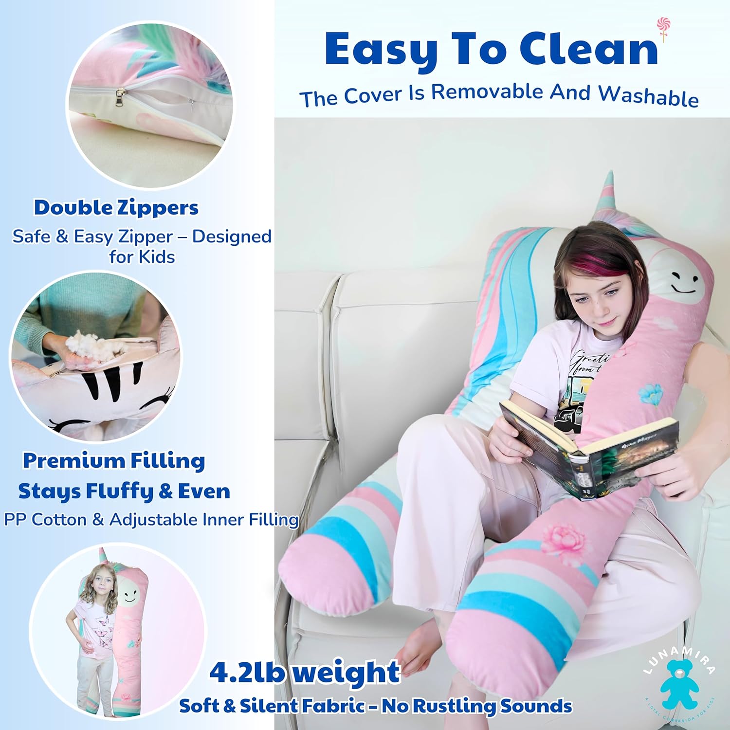 LUNAMIRA Unicorn Kids Body Pillow - 47" U-Shape Long Plush Soft Animal Pillow for Toddlers, Sleeping, Reading, ADHD & Special Needs Comfort, Anxiety, Washable Cover, Snuggle Cuddle for Boys & Girls