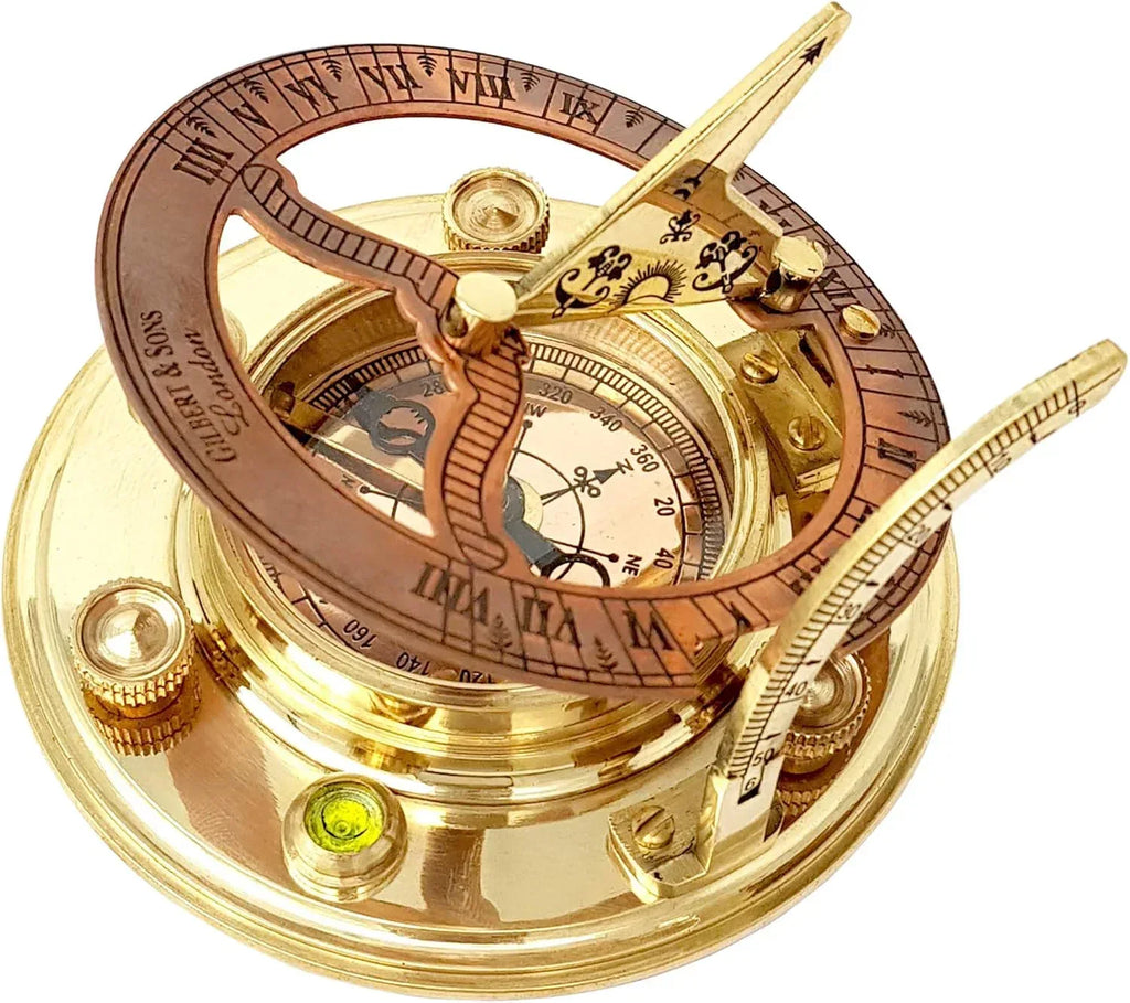 Brass Nautical - Antique Brass & Copper Sundial Compass, Sundial Clock in Box Gift Sun Clock Ship Replica Watch - Unique Gift Market