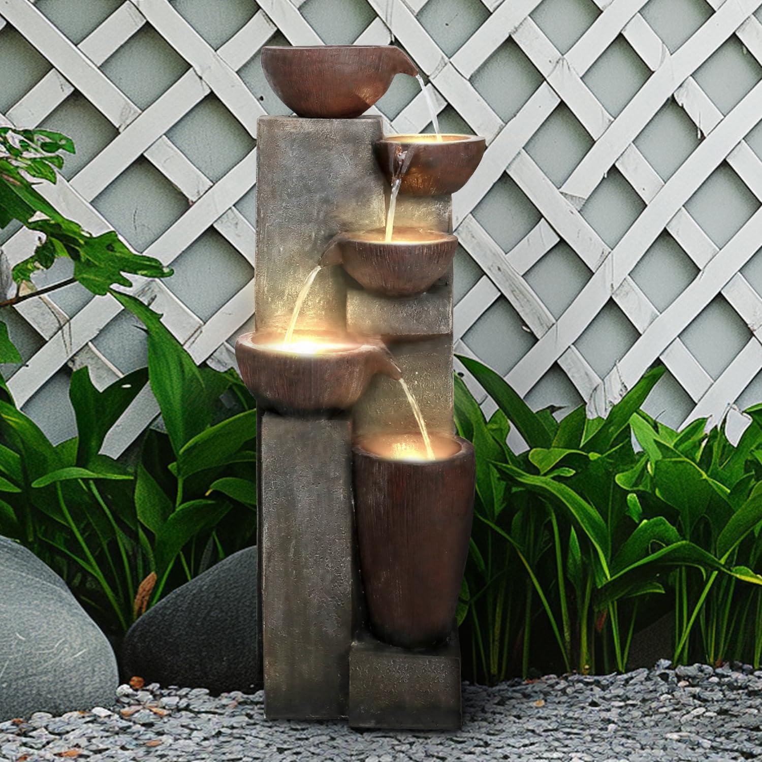 Naturefalls 40" Tall Outdoor Water Fountain and Waterfalls - Large Garden Fountain with LED Lights, 4-Tier Crocks, Indoor and Outdoor Fountains for Garden, Patio, Deck, Porch, Backyard and Home, Gray - Unique Gift Market