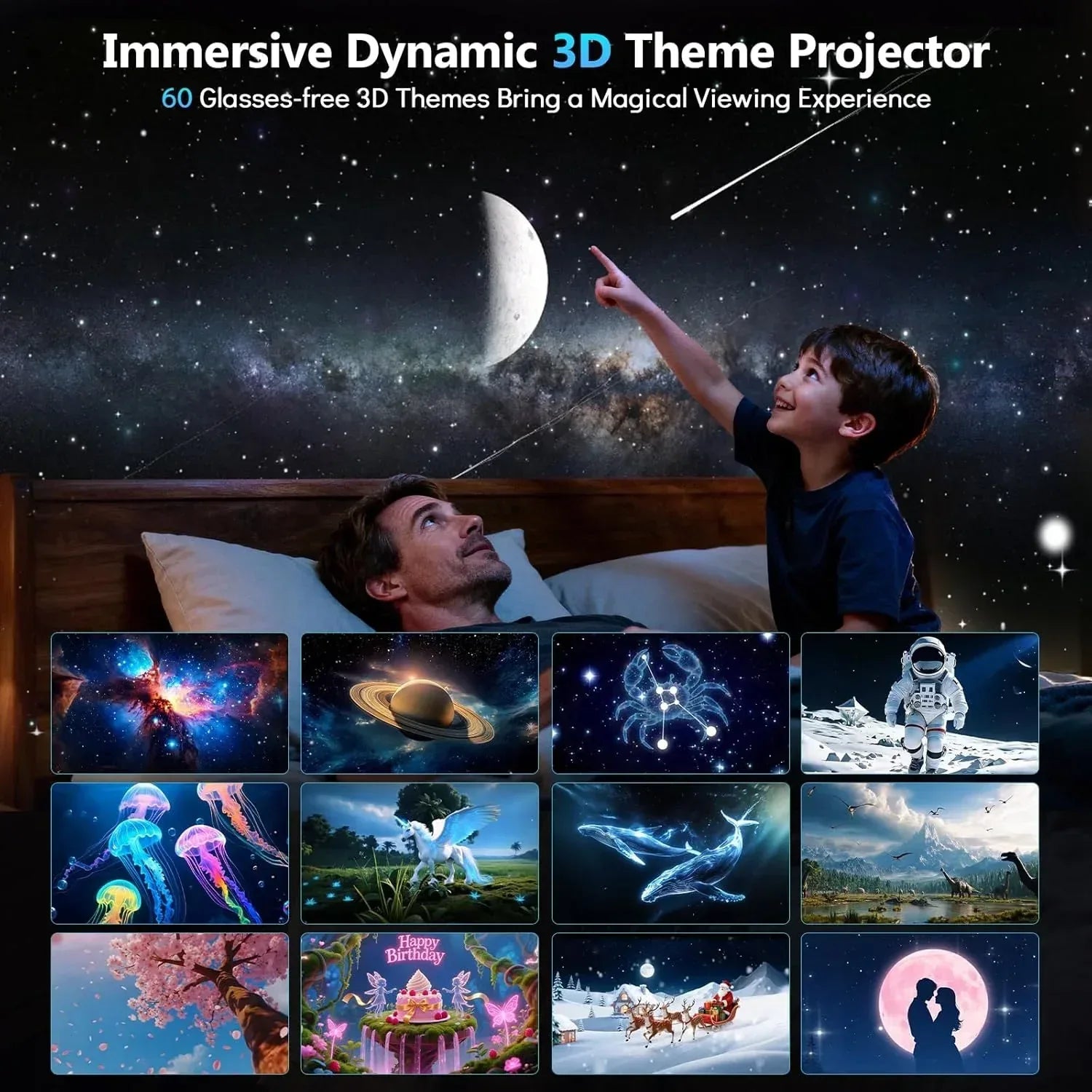 Rossetta 3D Projector, 60 Themes HD 3D Galaxy Projector with Bluetooth Speaker & Remote, 1H/2H Timer, Night Light for Bedroom, Home Decor, Party, Valentines Day, Gifts for Adults, Girls, Boys - Unique Gift Market