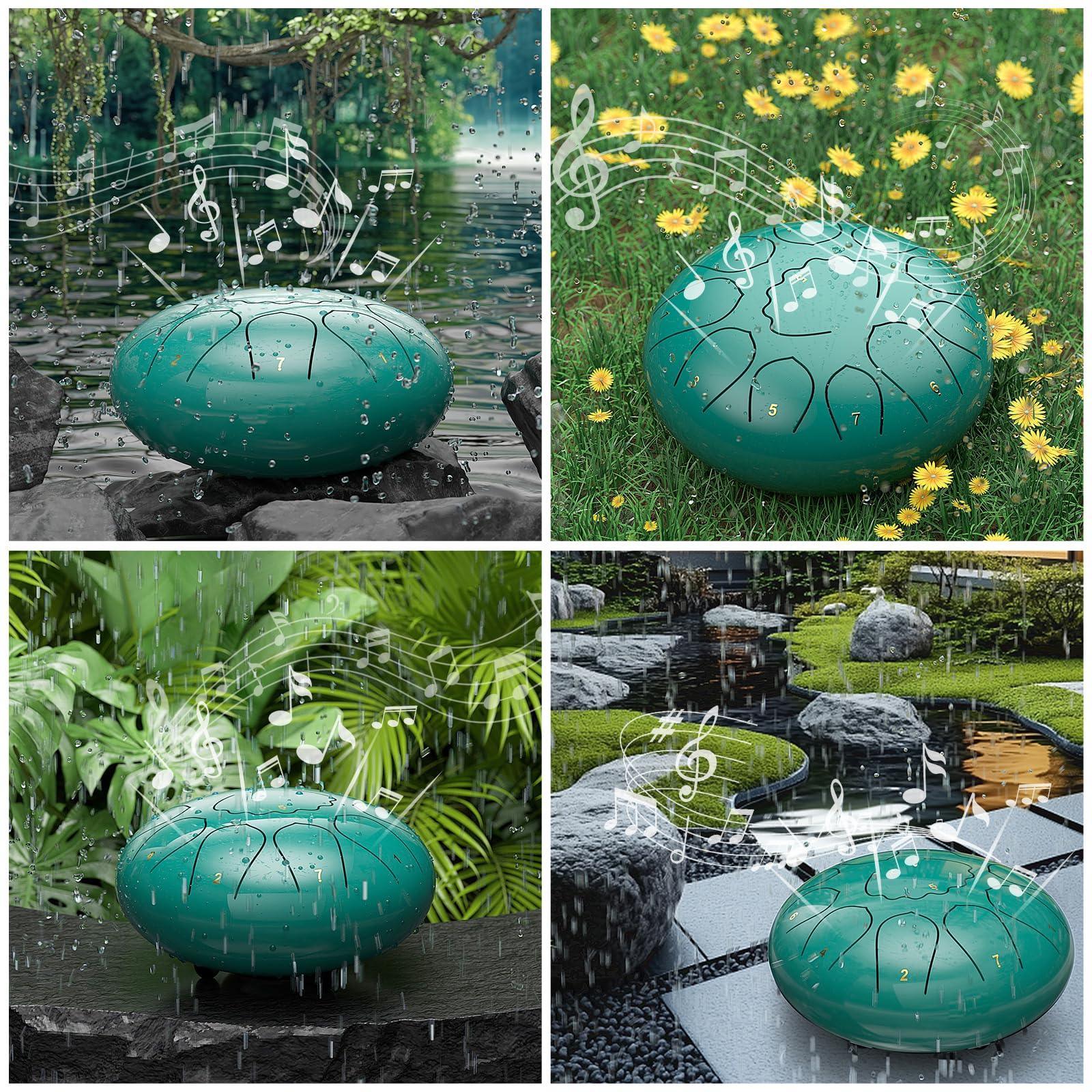 Rain Drum for Outside Garden, 6 Inches 8 Notes Steel Tongue Chakra Drums, Waterproof Meditation Rain Chime, Musical Instruments for Adult Gift with Bag, Music Book, Drum Mallets (Green) - Unique Gift Market