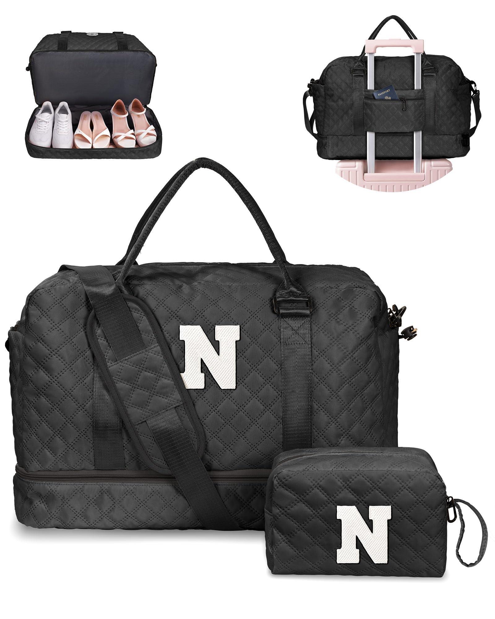 Birthday Gift-Initial Duffle Bag with Shoe Compartment, Personalized Weekender Bag, Monogram Overnight Bag for Women with Trolley Sleeve & Wet Pocket, Travel Bag with Makeup Bag (Letter K) - Unique Gift Market