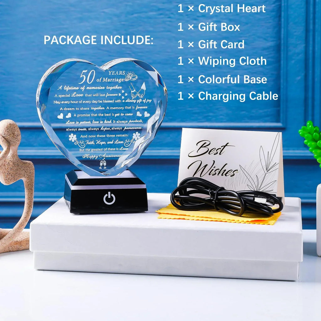 50th Wedding Anniversary Crystal Gifts for Couples Parents with Colorful LED Base Heart Romantic Happy 50th Anniversary Plaque Gift for Husband Wife 50 Years of Marriage Gifts for Her Him - Unique Gift Market