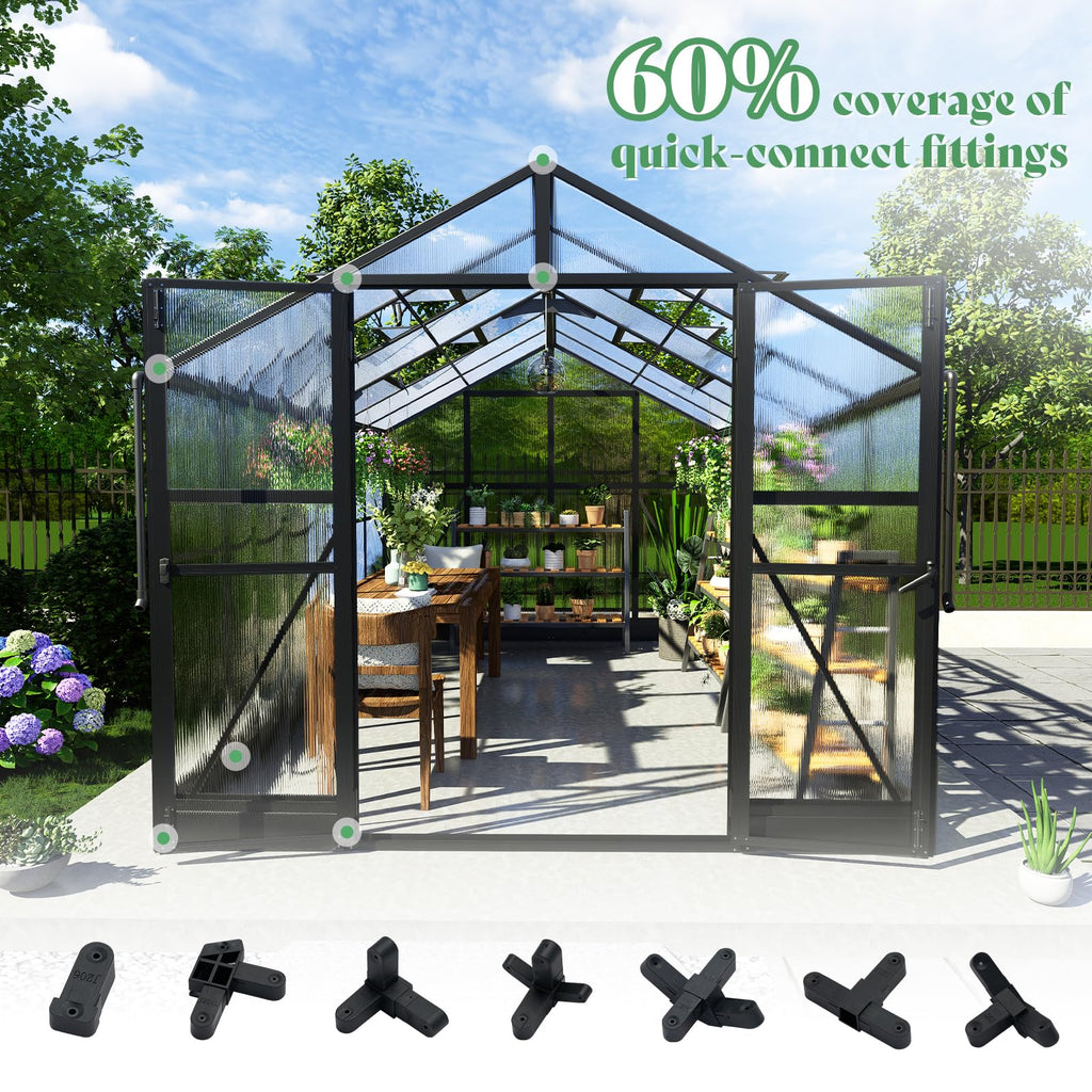 AMERLIFE 8x12x7FT Polycarbonate Greenhouse, Walk in Greenhouse with Quick-Connect System, Green House with 4 Vent Windows and Swing Lockable Door, Greenhouses for Outdoors, Sunroom Black