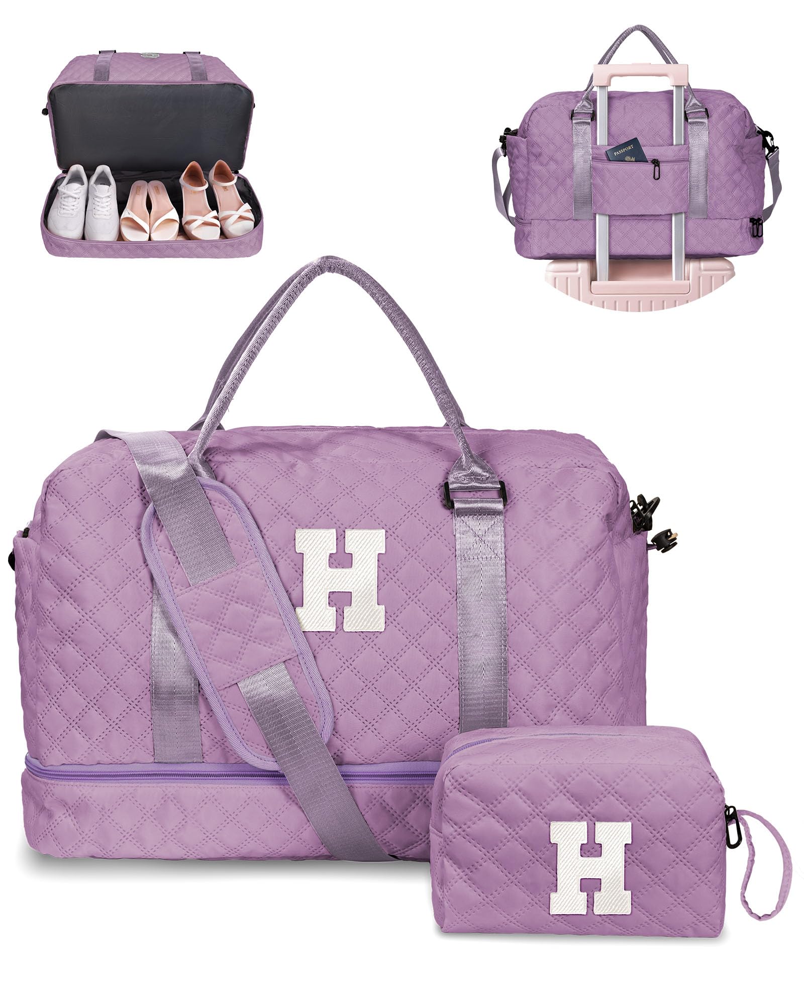 Birthday Gift-Initial Duffle Bag with Shoe Compartment, Personalized Weekender Bag, Monogram Overnight Bag for Women with Trolley Sleeve & Wet Pocket, Travel Bag with Makeup Bag (Letter K)