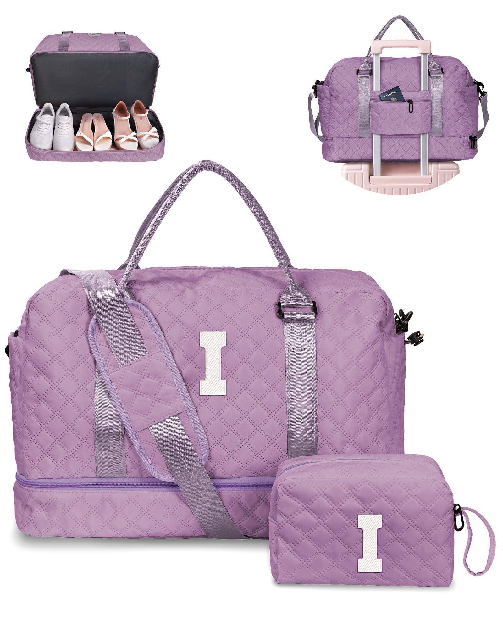 Birthday Gift-Initial Duffle Bag with Shoe Compartment, Personalized Weekender Bag, Monogram Overnight Bag for Women with Trolley Sleeve & Wet Pocket, Travel Bag with Makeup Bag (Letter K) - Unique Gift Market
