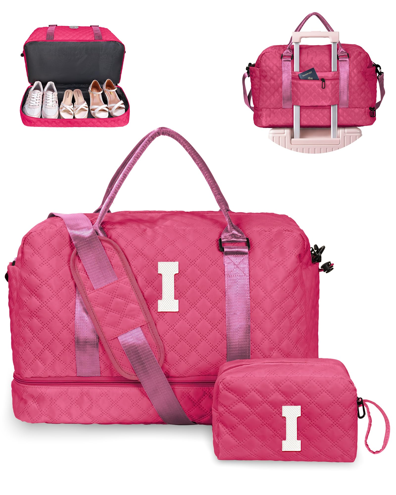 Birthday Gift-Initial Duffle Bag with Shoe Compartment, Personalized Weekender Bag, Monogram Overnight Bag for Women with Trolley Sleeve & Wet Pocket, Travel Bag with Makeup Bag (Letter K)