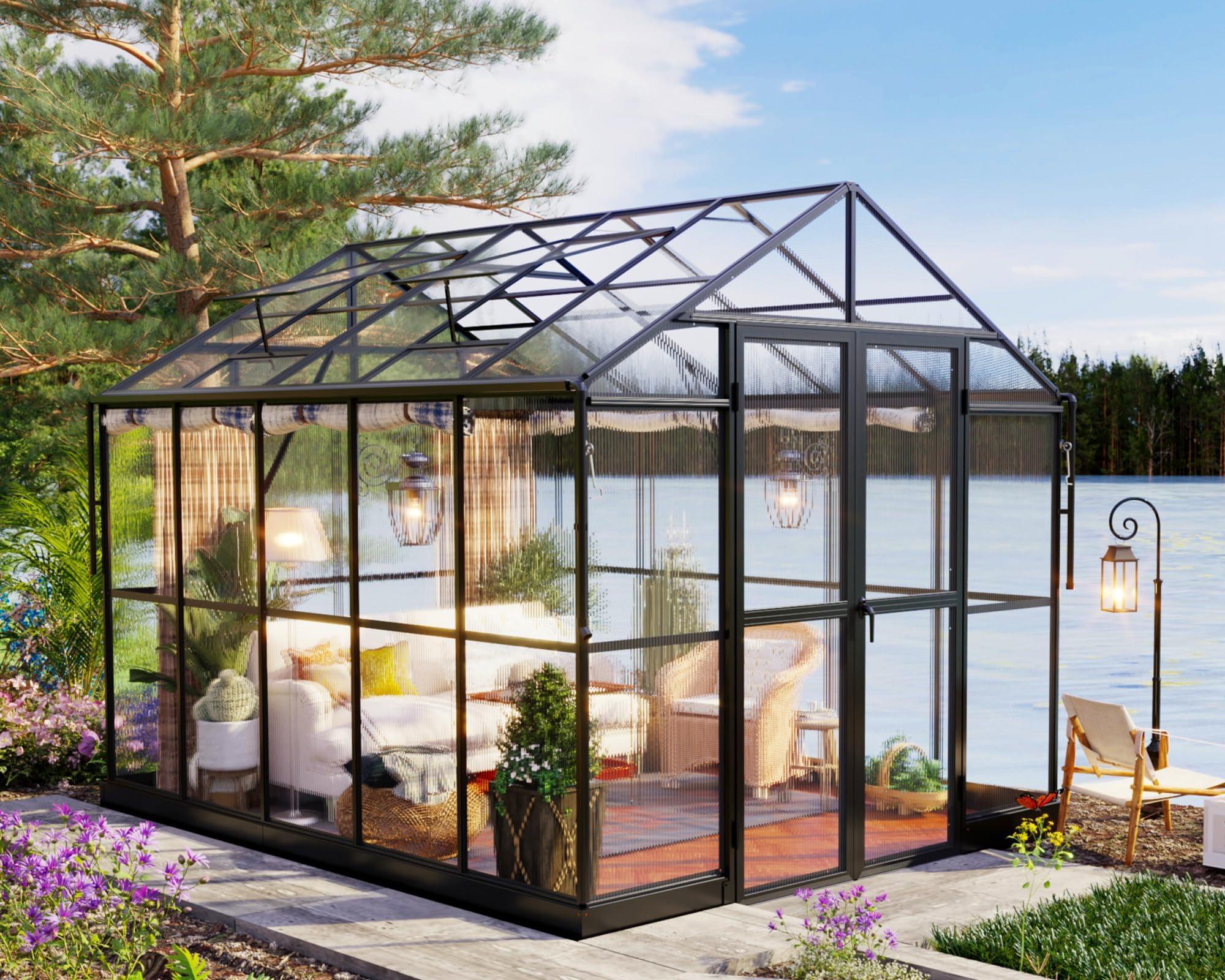 Jocisland 8x12x7.5 FT Greenhouse - Outdoor Aluminum Polycarbonate Greenhouse with Ventilation and Rain Gutter, 4 Swing Doors with Hook, Walk in Greenhouse for Outdoors Backyard Garden, Black - Unique Gift Market