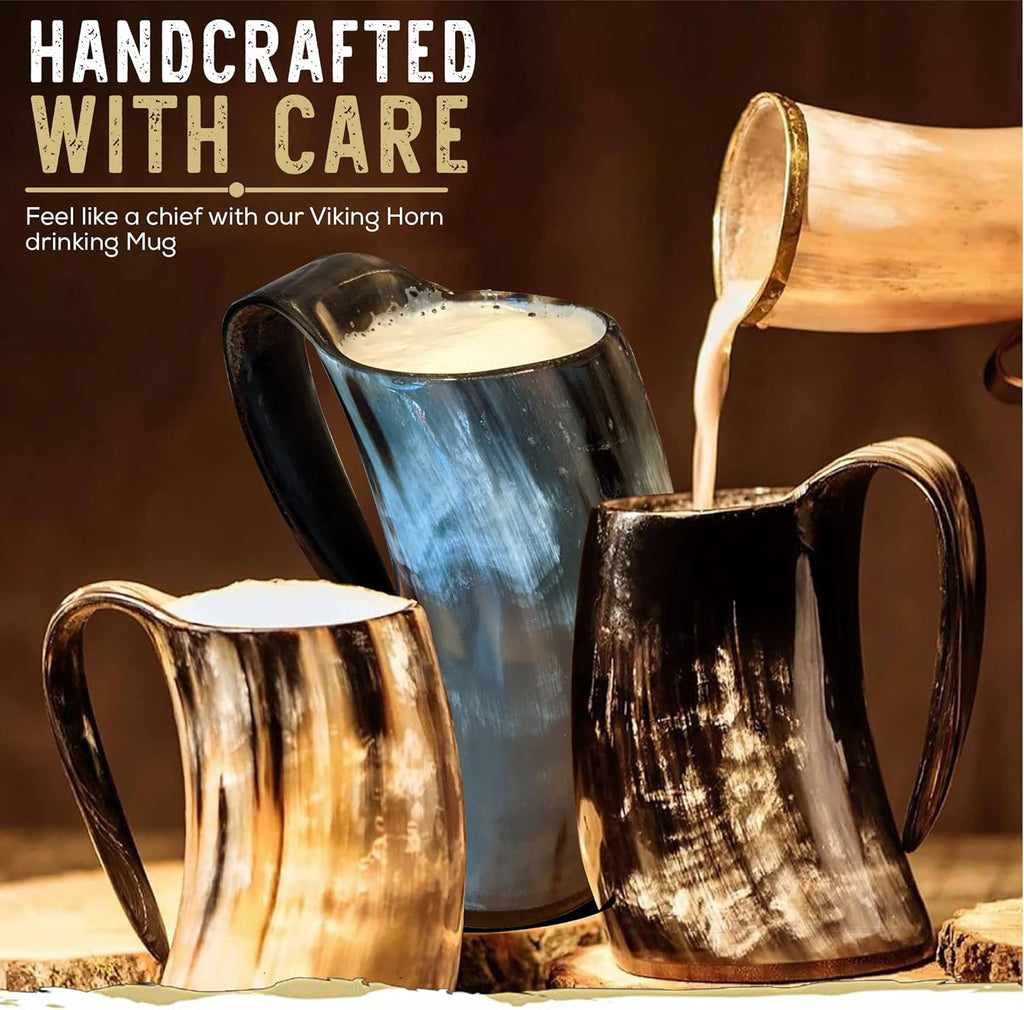 LANITI Viking Horn Mug with 4 Shot Cups – Authentic Handcrafted Viking Tankard for Ale, Beer, Mead – Medieval Drinking Horn Gift for Men – Norse Mythology Inspired Mug Set