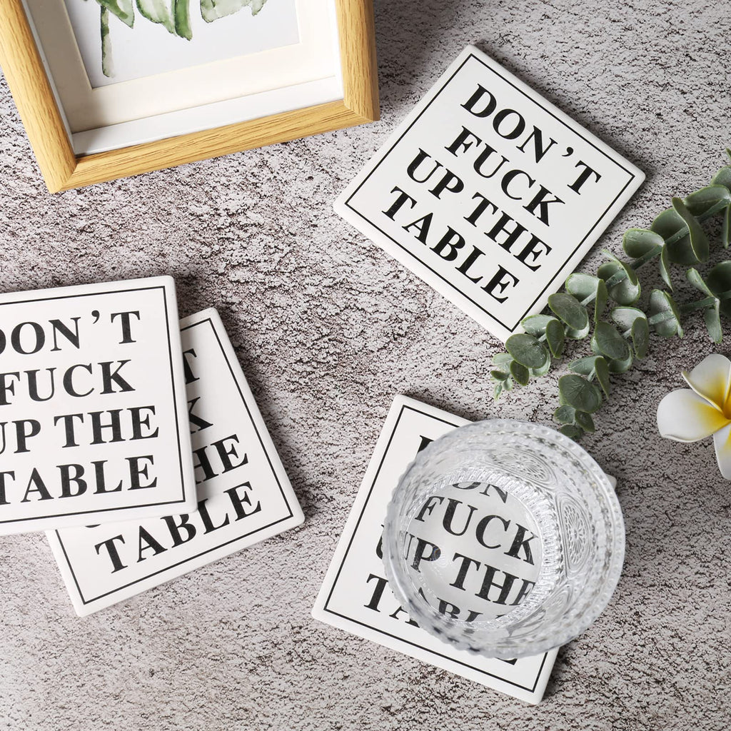 Funny Drink Coasters Ceramic Absorbent Coasters, Don't up The Table Unique Stone Drink Coaster with Cork Back for Coffee Table, Living Room, Family and Friends (Round-White, 6)