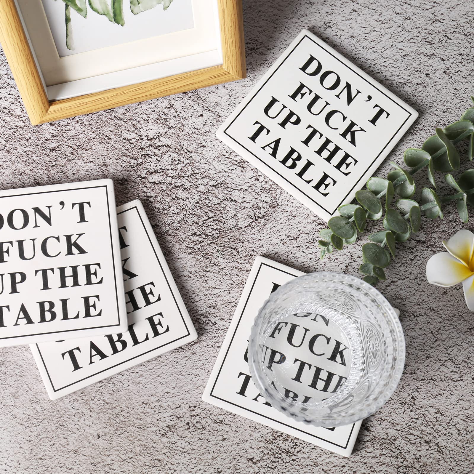 Funny Drink Coasters Ceramic Absorbent Coasters, Don't up The Table Unique Stone Drink Coaster with Cork Back for Coffee Table, Living Room, Family and Friends (Round-White, 6)