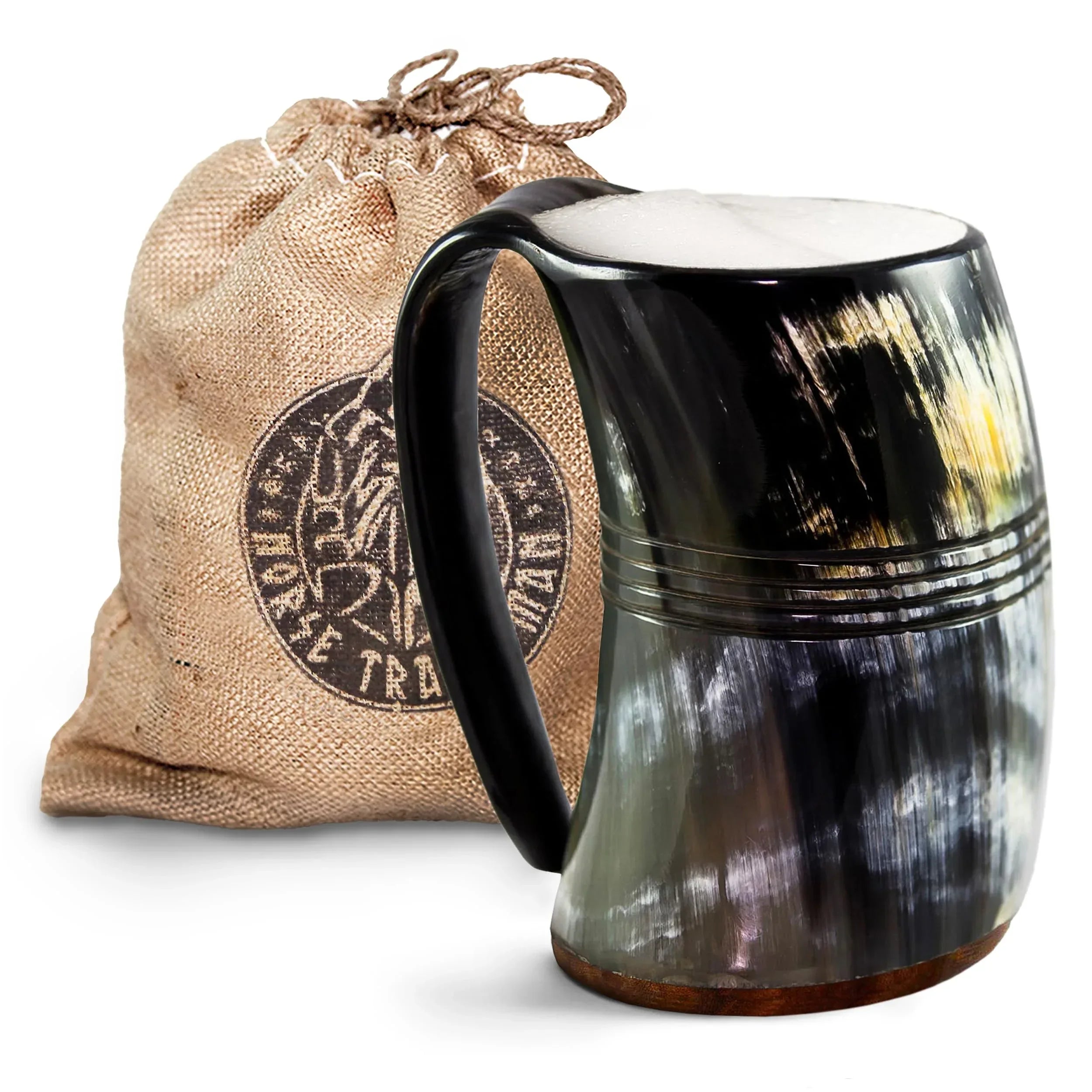 Norse Tradesman Original LG Viking Drinking Horn Mug - 100% Authentic Beer Horn Tankard With Natural Surface & Burlap Gift Sack | The Original, Low Polish, approx. 16 oz - Unique Gift Market