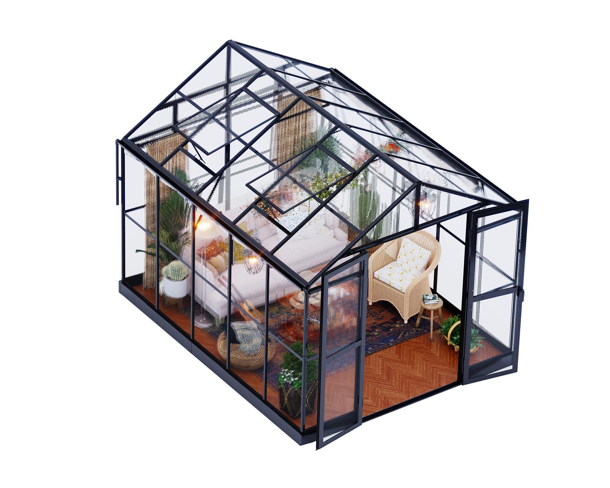Jocisland 8x12x7.5 FT Greenhouse - Outdoor Aluminum Polycarbonate Greenhouse with Ventilation and Rain Gutter, 4 Swing Doors with Hook, Walk in Greenhouse for Outdoors Backyard Garden, Black - Unique Gift Market