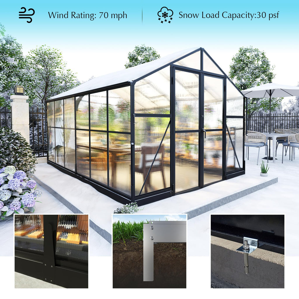 AMERLIFE 8x12x7FT Polycarbonate Greenhouse, Walk in Greenhouse with Quick-Connect System, Green House with 4 Vent Windows and Swing Lockable Door, Greenhouses for Outdoors, Sunroom Black