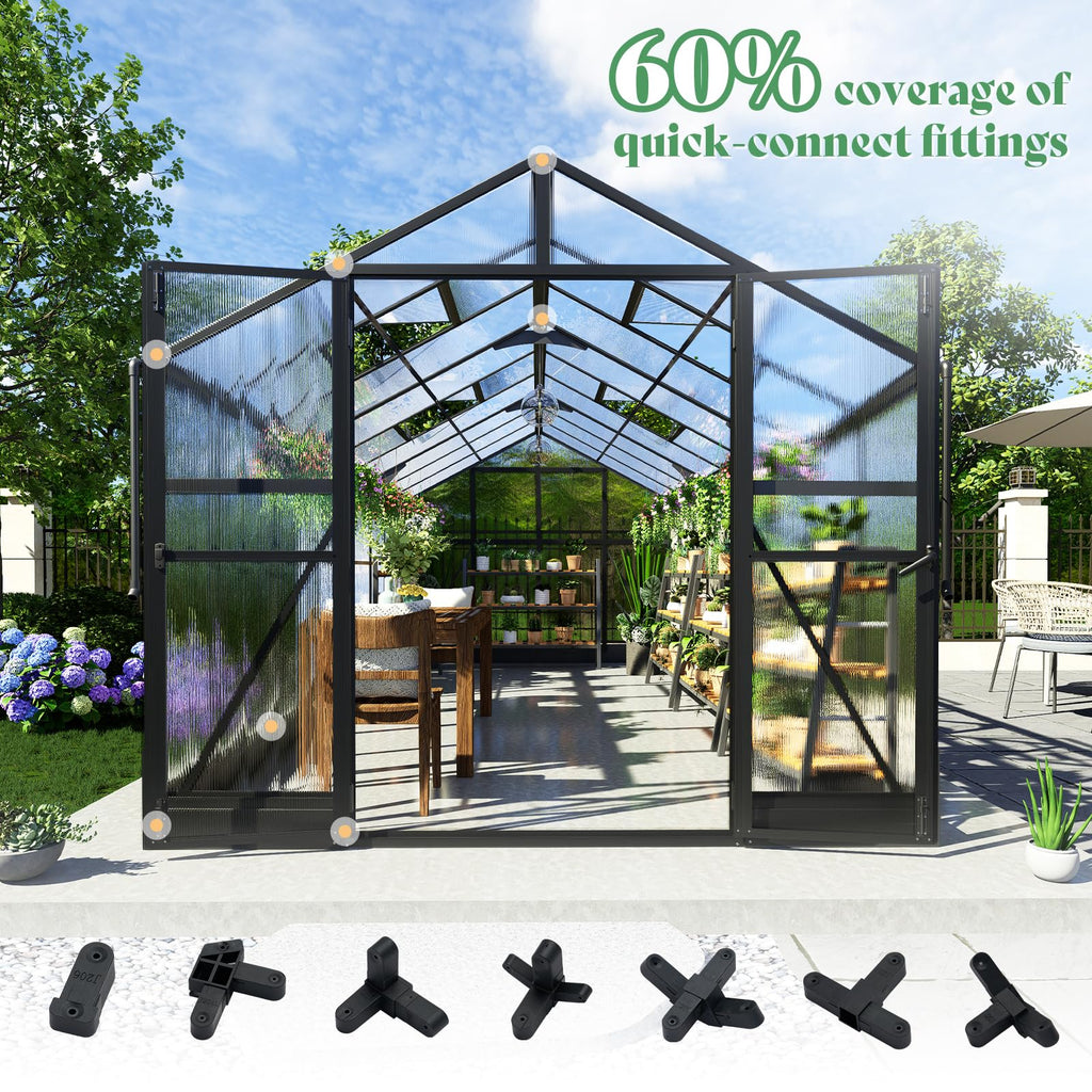 AMERLIFE 8x12x7FT Polycarbonate Greenhouse, Walk in Greenhouse with Quick-Connect System, Green House with 4 Vent Windows and Swing Lockable Door, Greenhouses for Outdoors, Sunroom Black