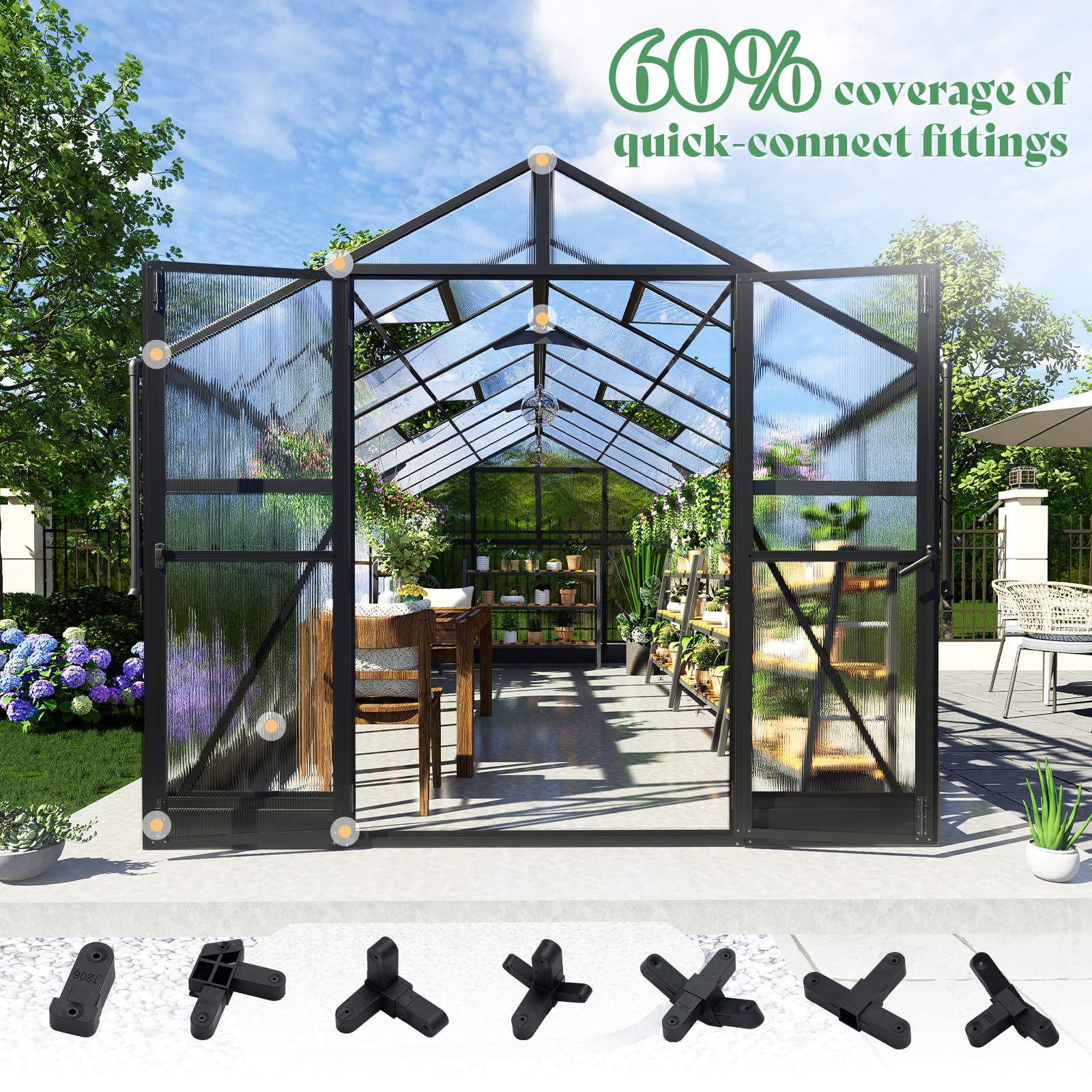 AMERLIFE 8x12x7FT Polycarbonate Greenhouse, Walk in Greenhouse with Quick-Connect System, Green House with 4 Vent Windows and Swing Lockable Door, Greenhouses for Outdoors, Sunroom Black