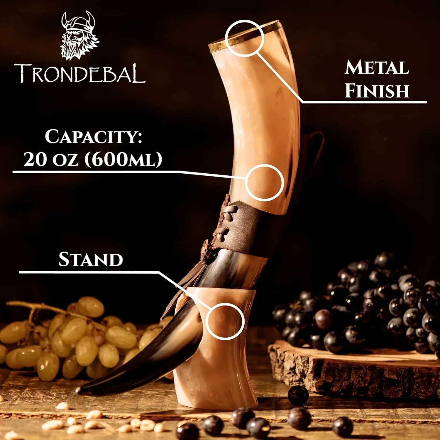 Viking Drinking Horn with Stand - Unique Gifts for Men, Large 15-20 Oz Natural Ox Horn Cool Unique Beer Gift for Brother or Dad, Home Decor Accessories Handcrafted for Mead, Ale, and More - Unique Gift Market