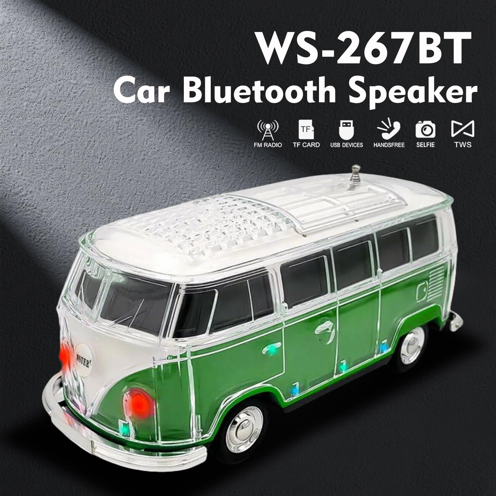 Mini Bus Bluetooth Speaker with Microphone, Portable Speaker Bluetooth, Small Speakers Bluetooth Wireless, LED Light, USB/TF, Car Design, Gift for Men, Men Birthday Gift Ideas (Green)