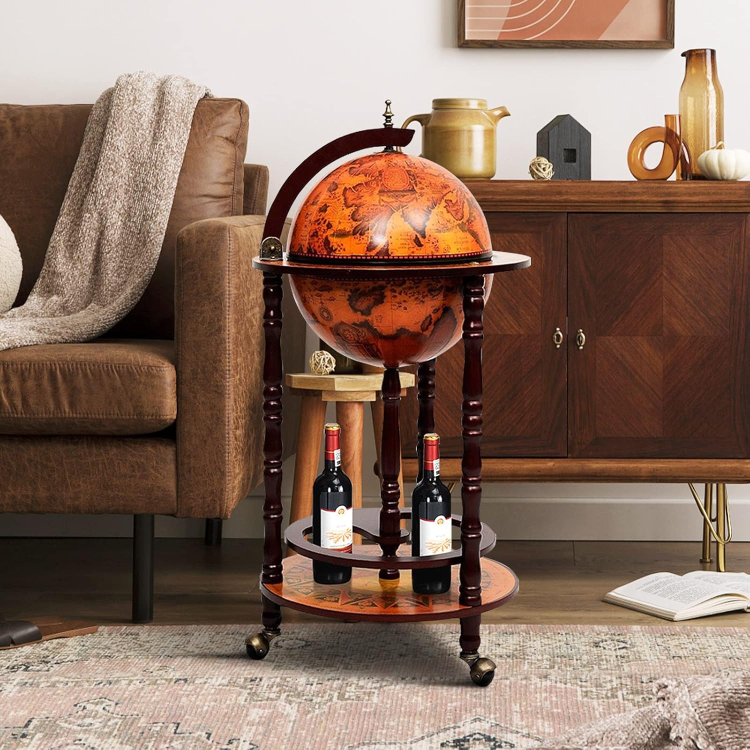 Goplus Globe Bar, 17.5” Liquor Globe Bar Cart with Wheels, Bottom Shelf, Old World Map, 16th Century Italian Replica Retro Wine Alcohol Stand, Globe Bar Cart for Dining Room Living Room Home