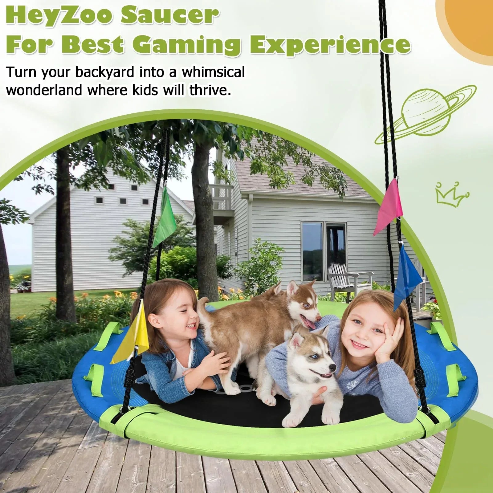 43 Inch Tree Swing, 900lbs Weight Capacity Saucer Swing Sets for Kids & Adults, with 360 Degree Swivel and Adjustable Hanging Strap, Green and Blue - Unique Gift Market