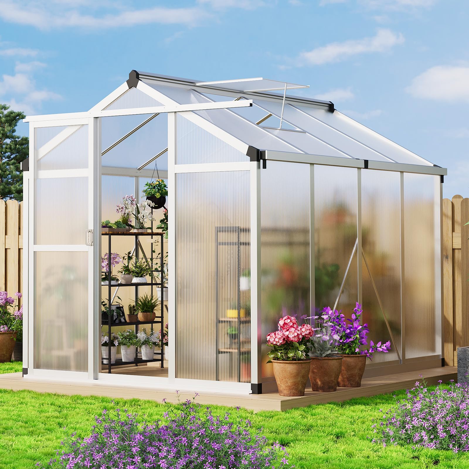 6×8FT Greenhouses for Outdoors, Aluminum Polycarbonate Greenhouses with Roof Vent - Heavy-Duty Walk-in Green Houses for All-Season Backyard Gardening