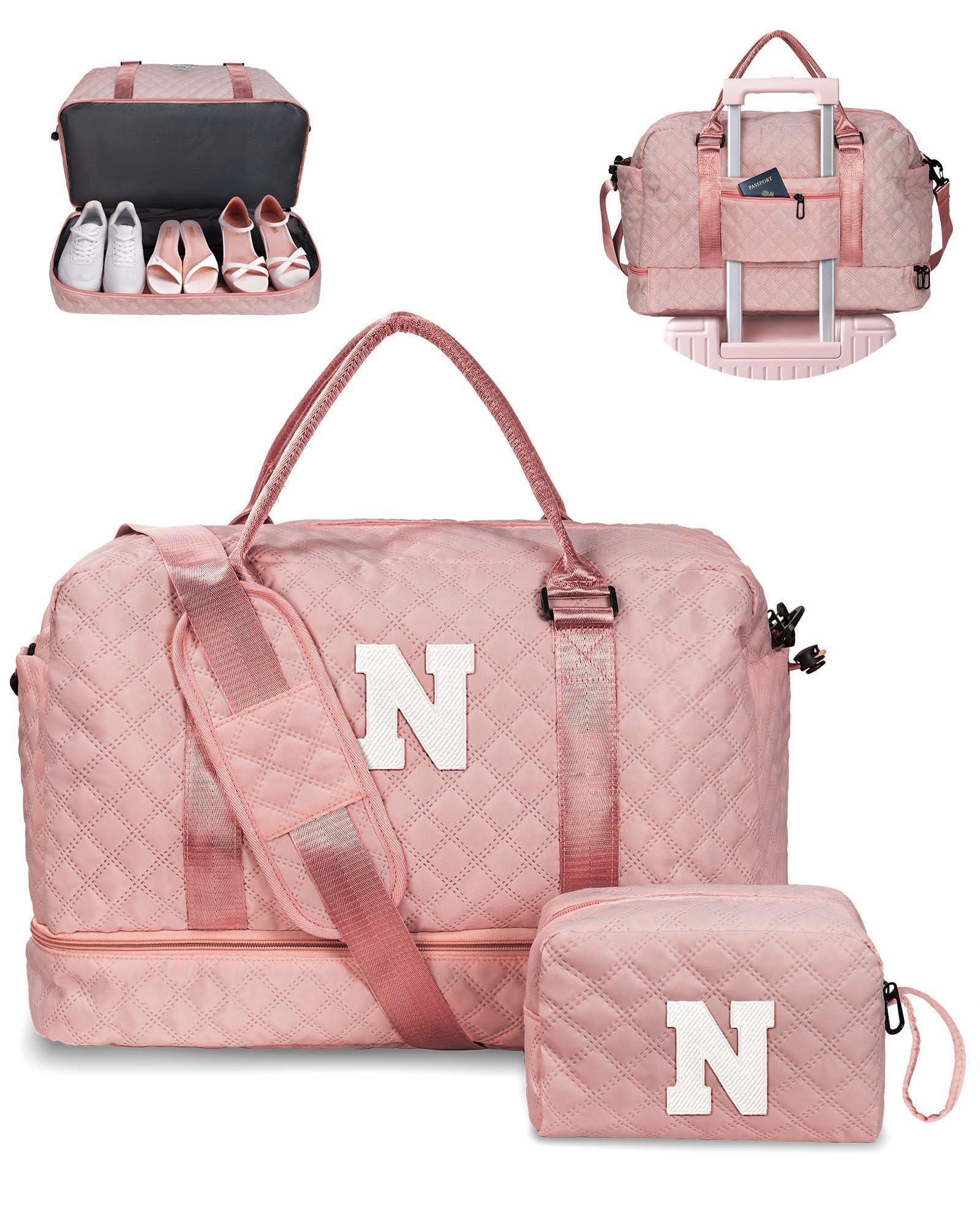 Birthday Gift-Initial Duffle Bag with Shoe Compartment, Personalized Weekender Bag, Monogram Overnight Bag for Women with Trolley Sleeve & Wet Pocket, Travel Bag with Makeup Bag (Letter K) - Unique Gift Market