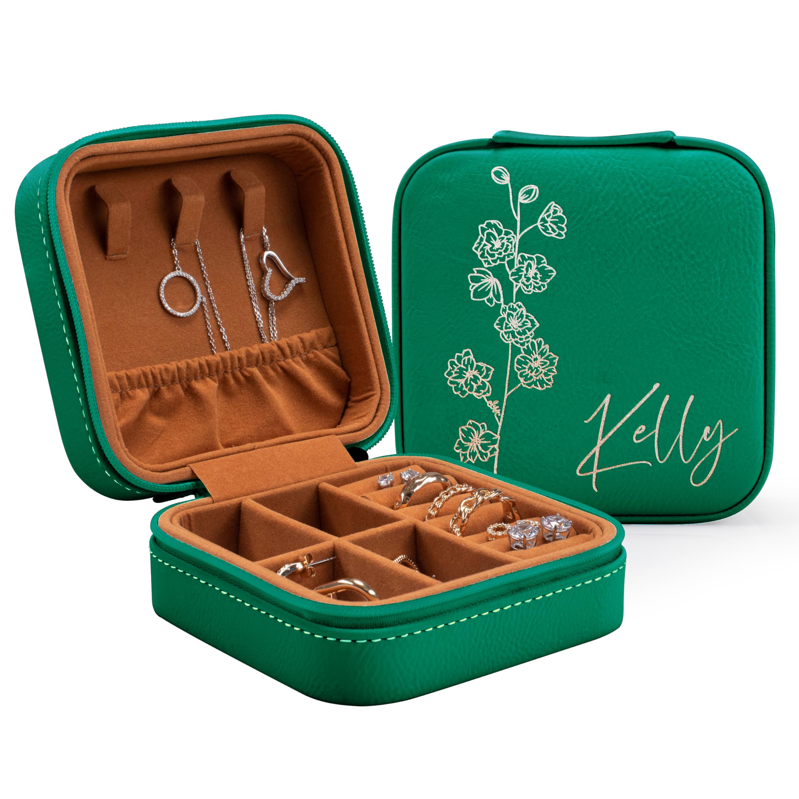 Custom Leather Jewelry Box w/Name & Birth Flower Month - Birthday Gifts for Women, Personalized Jewelry Travel Case - Customized Jewelry Organizer Box, Mom Birthday Gifts - Rustic