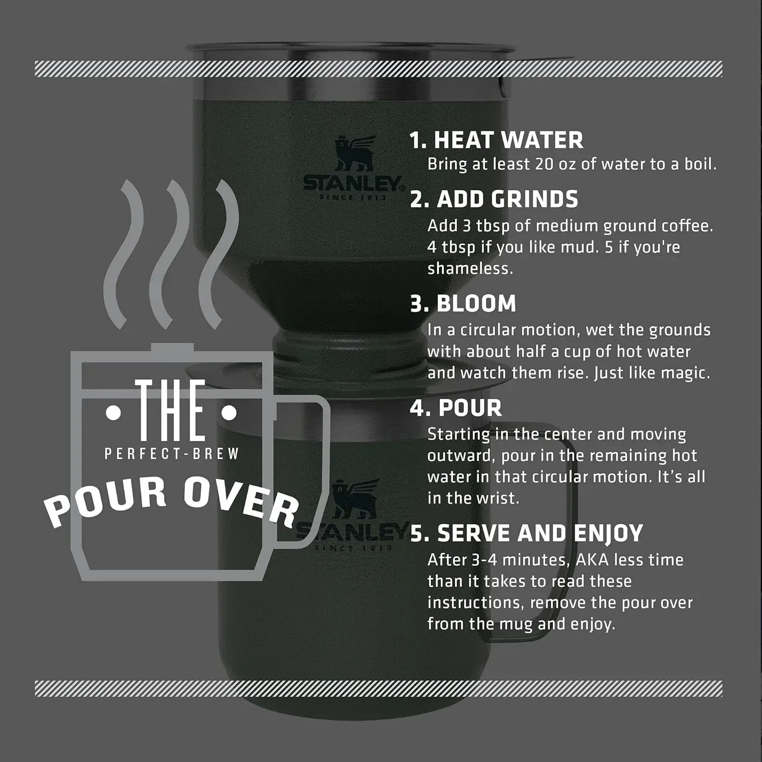 STANLEY Perfect Brew Pour Over Set | 12 oz Camp Mug with Lid Included | Drip Coffee Maker with Reusable Filter | Insulated Stainless Steel | BPA-Free | Hammertone Green - Unique Gift Market