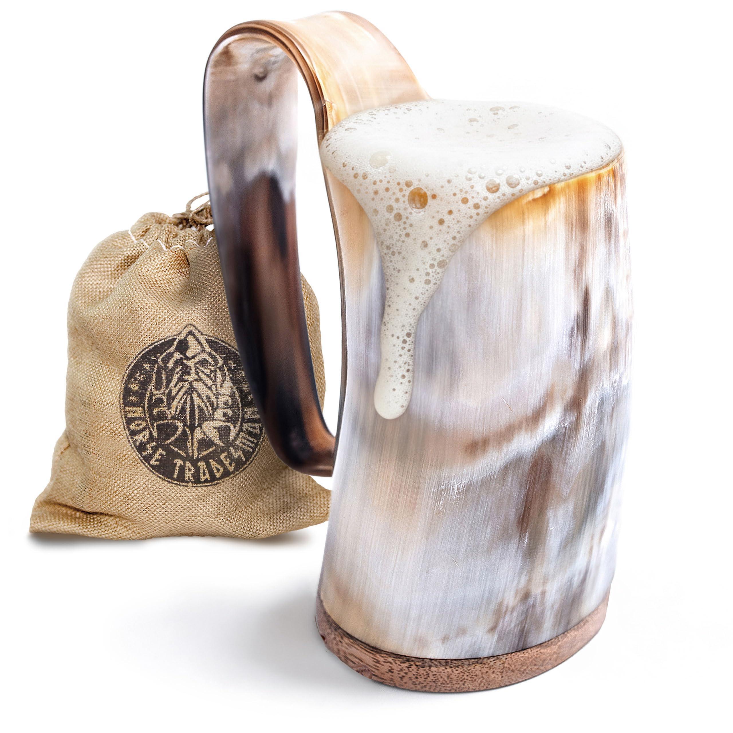Norse Tradesman Original LG Viking Drinking Horn Mug - 100% Authentic Beer Horn Tankard With Natural Surface & Burlap Gift Sack | The Original, Low Polish, approx. 16 oz - Unique Gift Market