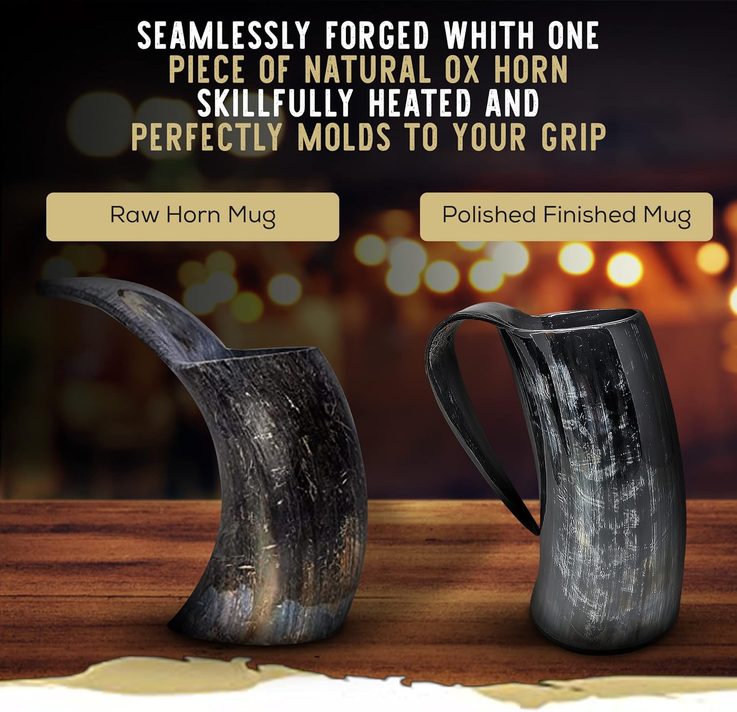 LANITI Viking Horn Mug with 4 Shot Cups – Authentic Handcrafted Viking Tankard for Ale, Beer, Mead – Medieval Drinking Horn Gift for Men – Norse Mythology Inspired Mug Set