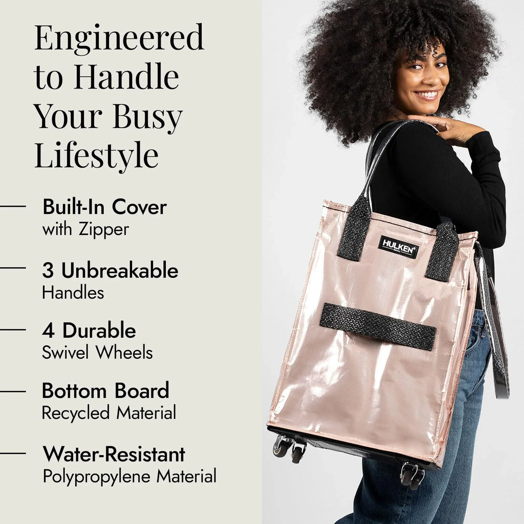 (Medium, Rose Gold) Reusable Grocery Bag On Wheels, Shopping Trolley, Rolling Tote, Zipper Closure, Lightweight, Carries Up to 66 lb, Folds Flat, Unbreakable Handles - Unique Gift Market
