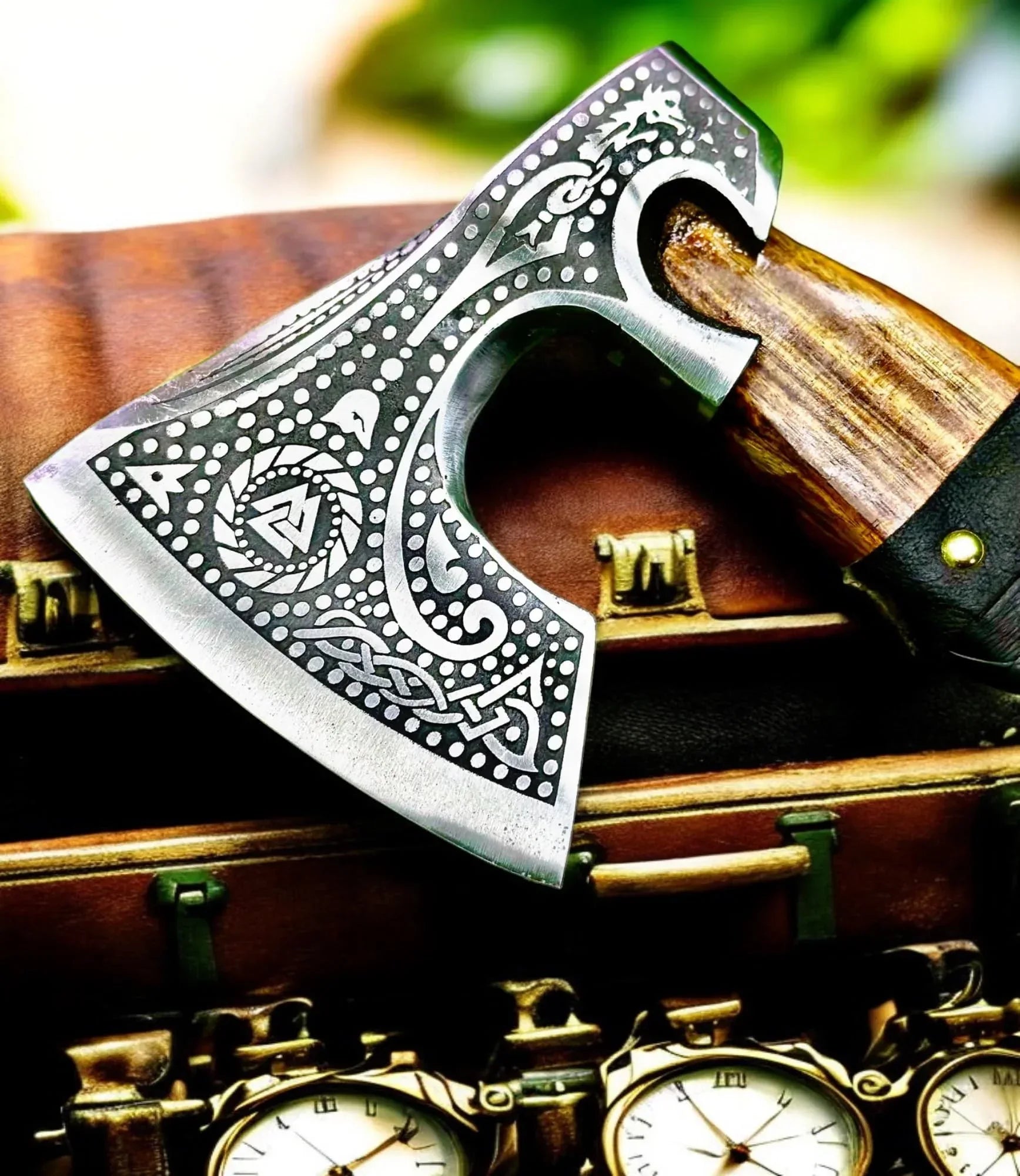 Poshland AX-7001 Custom Gift Forged Carbon Steel Viking Axe with Rose Wood Shaft, Double Edge Axe - Unique Gift Market