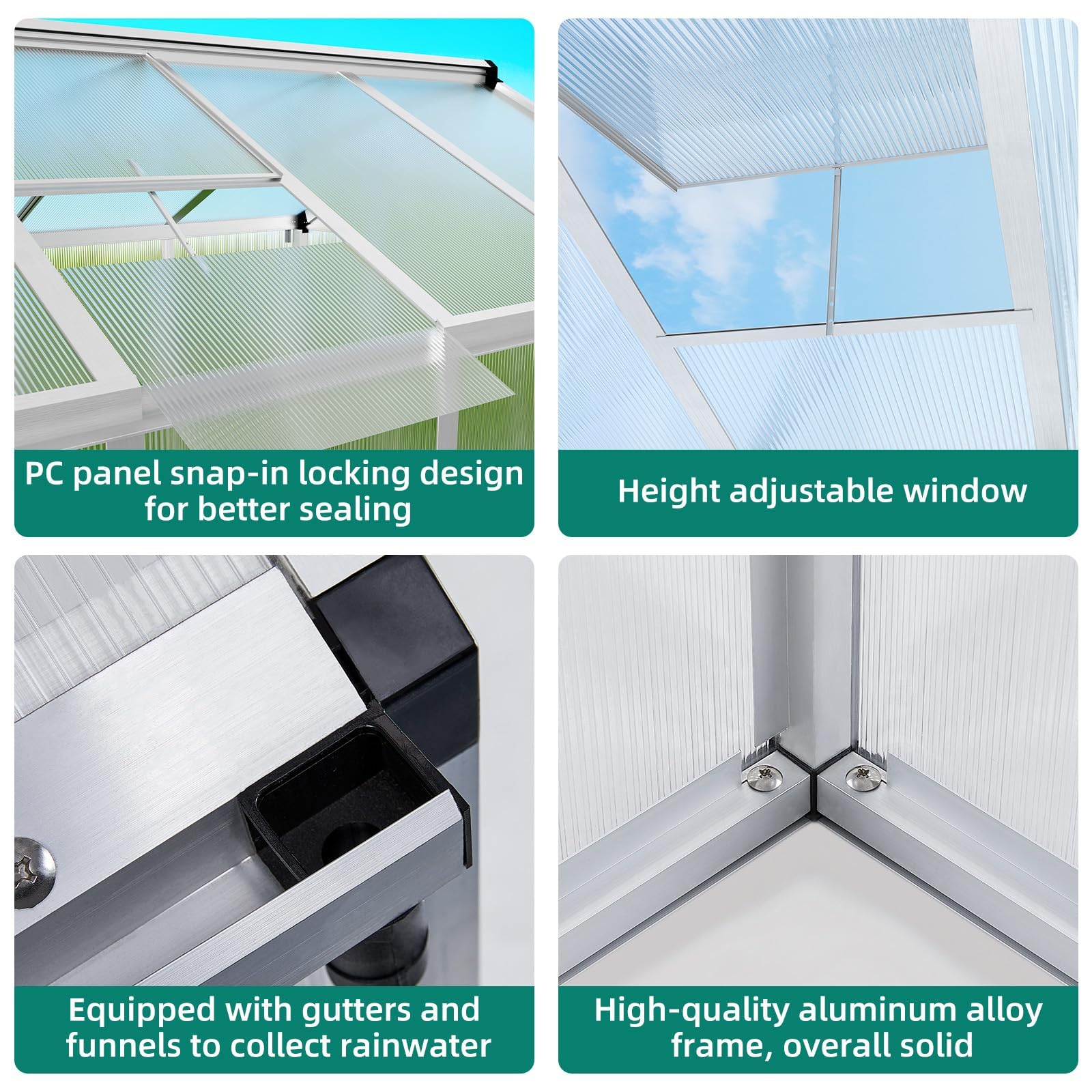 6×8FT Greenhouses for Outdoors, Aluminum Polycarbonate Greenhouses with Roof Vent - Heavy-Duty Walk-in Green Houses for All-Season Backyard Gardening
