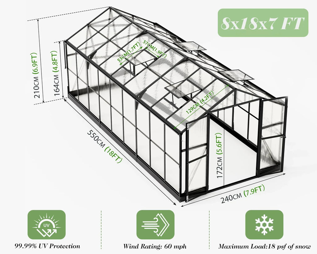 Jocisland 8x12x7.5 FT Greenhouse - Outdoor Aluminum Polycarbonate Greenhouse with Ventilation and Rain Gutter, 4 Swing Doors with Hook, Walk in Greenhouse for Outdoors Backyard Garden, Black - Unique Gift Market