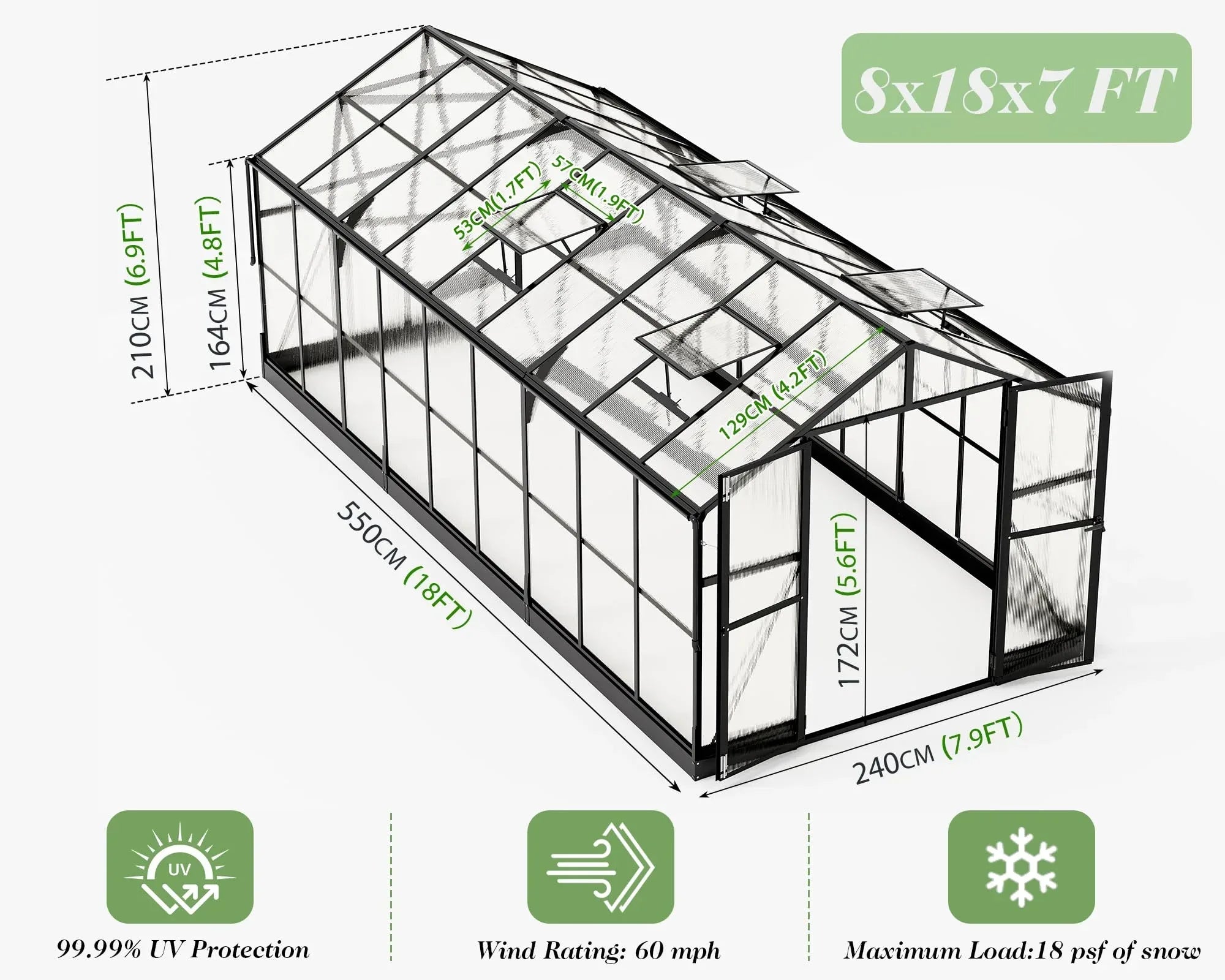 Jocisland 8x12x7.5 FT Greenhouse - Outdoor Aluminum Polycarbonate Greenhouse with Ventilation and Rain Gutter, 4 Swing Doors with Hook, Walk in Greenhouse for Outdoors Backyard Garden, Black - Unique Gift Market