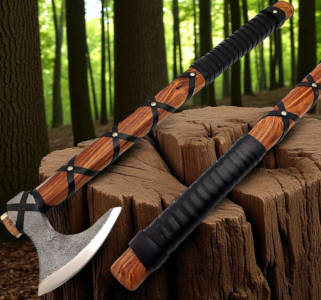 Poshland AX-7001 Custom Gift Forged Carbon Steel Viking Axe with Rose Wood Shaft, Double Edge Axe - Unique Gift Market