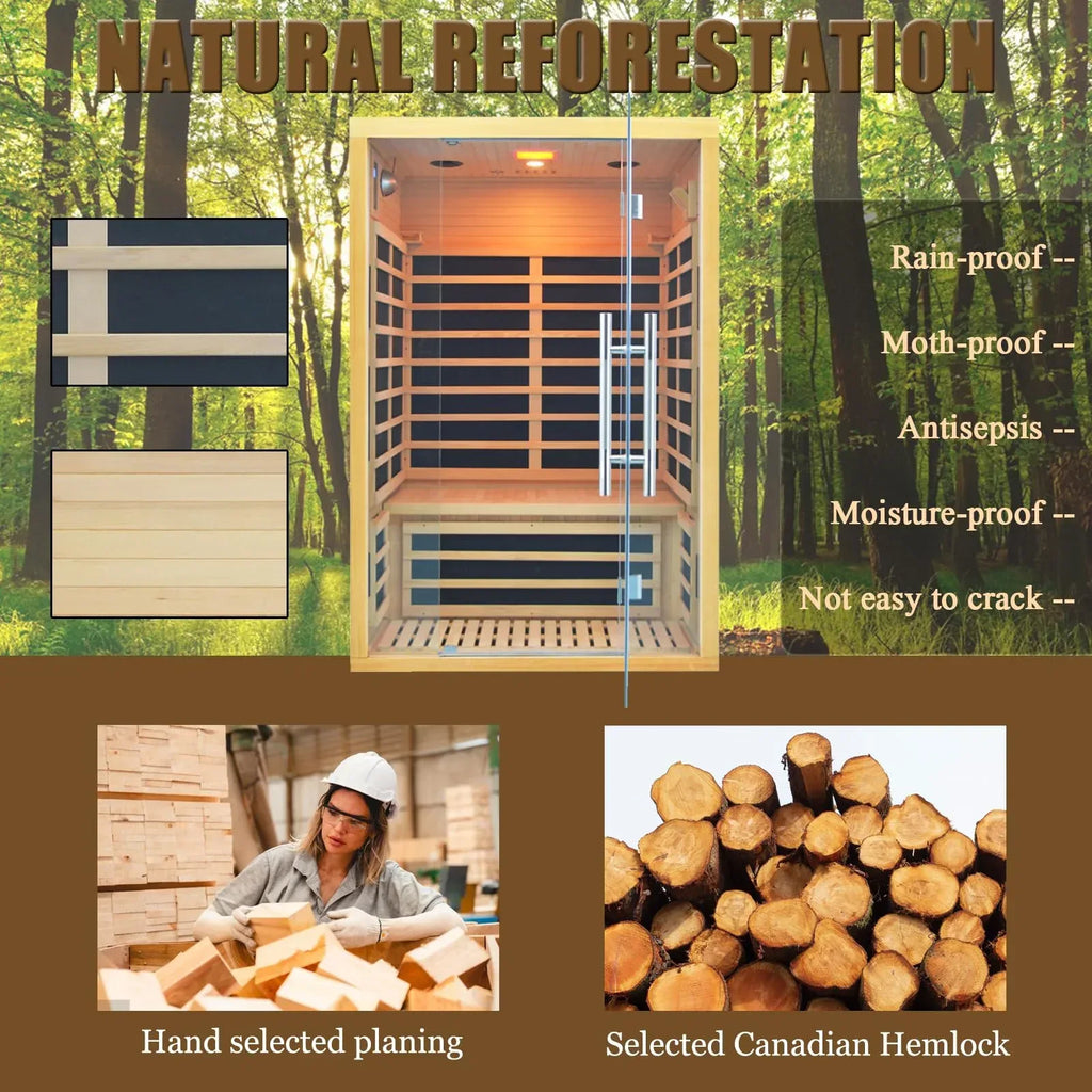 Far Infrared Sauna for 1 Person - 1050W Fast Heating, Canadian Hemlock Wood Home Sauna with Bluetooth Speaker, Chromotherapy & Oxygen Ionizer Easy Assembly Indoor Sauna for Relaxation, Detox, Home Gym - Unique Gift Market