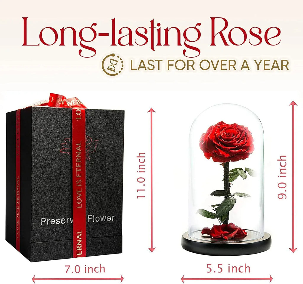 Forever Preserved Rose - Eternal Rose in Glass Dome - Beauty and the Beast Rose - Mothers Day Gifts For Mom - Fresh Flowers in Glass (Red, 9 Inch) - Unique Gift Market