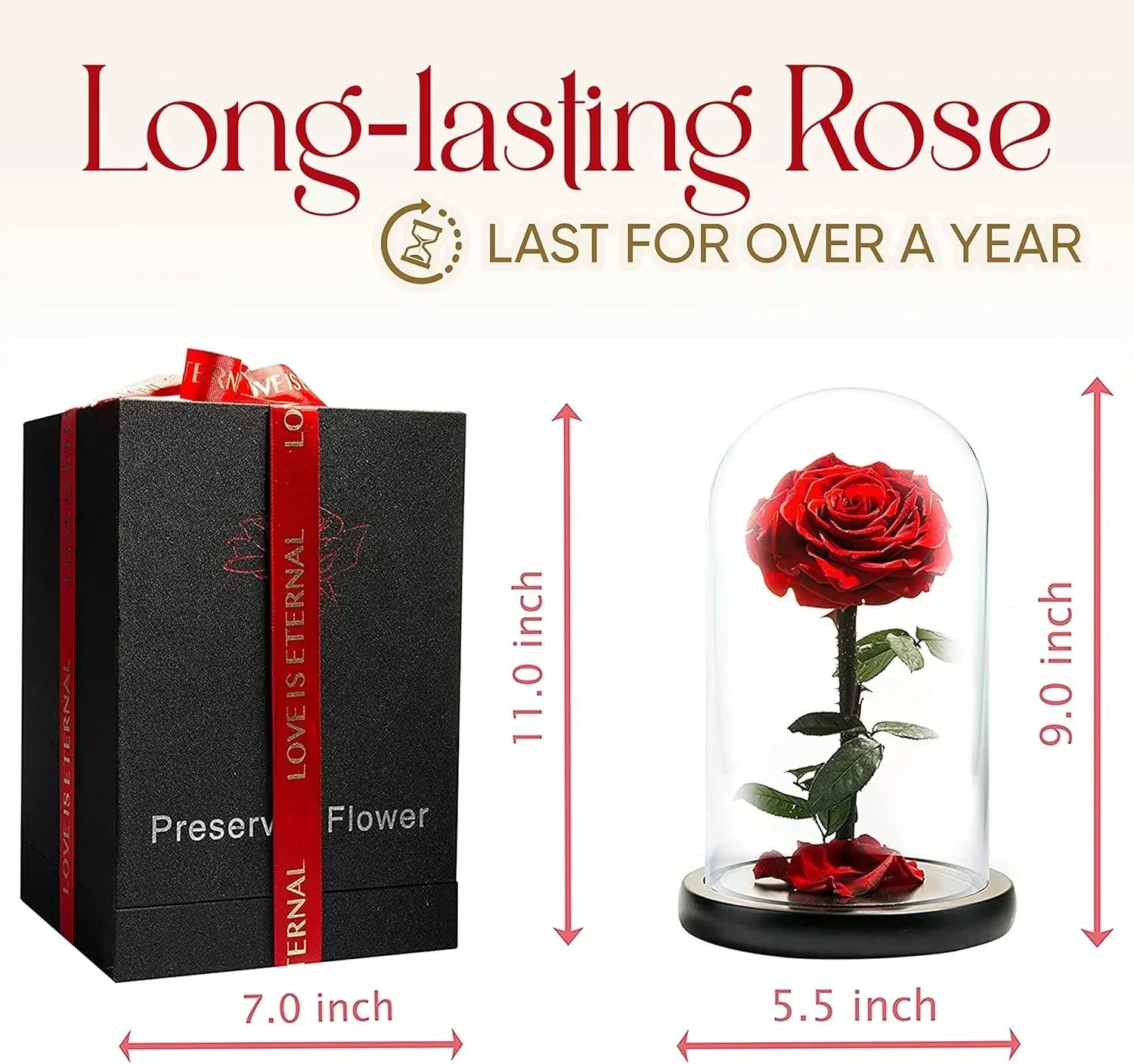 Forever Preserved Rose - Eternal Rose in Glass Dome - Beauty and the Beast Rose - Mothers Day Gifts For Mom - Fresh Flowers in Glass (Red, 9 Inch) - Unique Gift Market